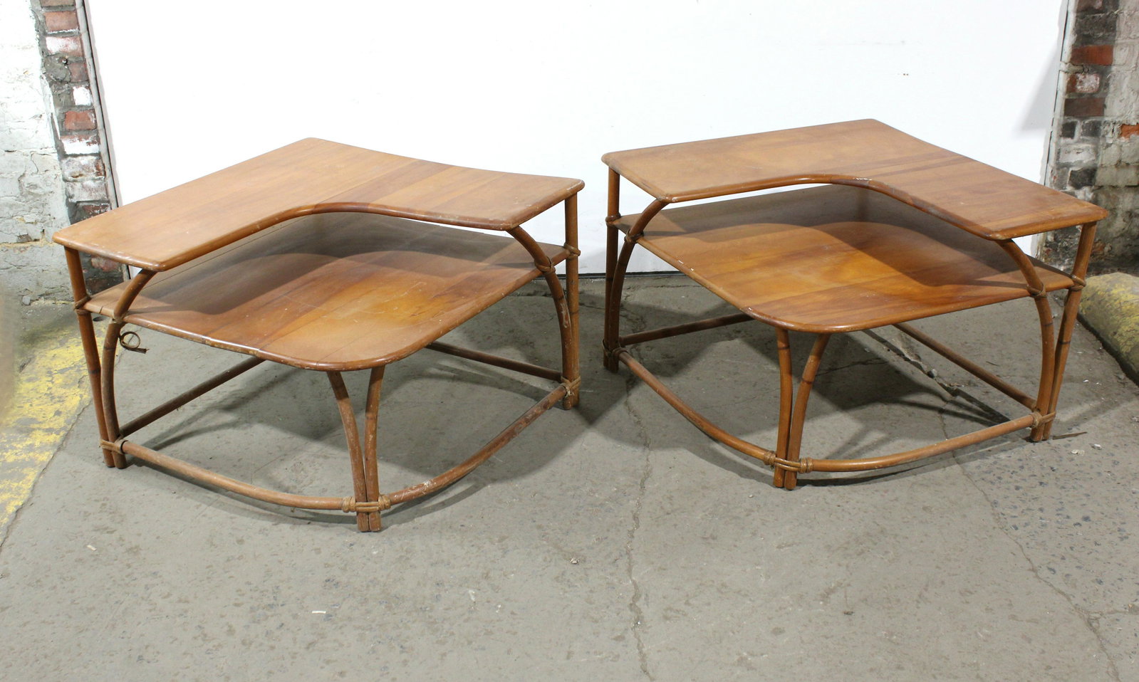 Heywood Wakefield Bamboo Corner Tables: Heywood Wakefield Bamboo Corner Tables. Some condition issues, sold as-is. This item requires third party shipping or pickup arrangements to be made. One: 22.5 x 32.5 x 32.5
