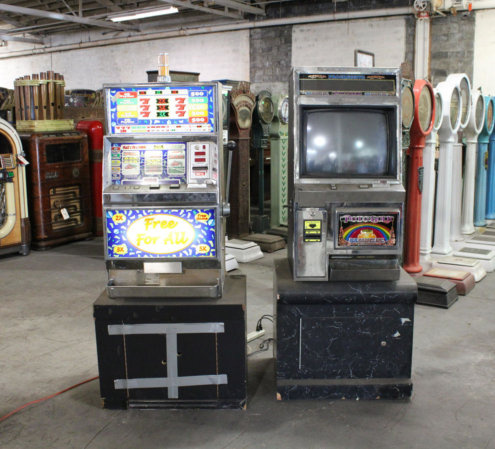 Two Slot Machines on Stands Inc. IGT Free For All (1 of 2)