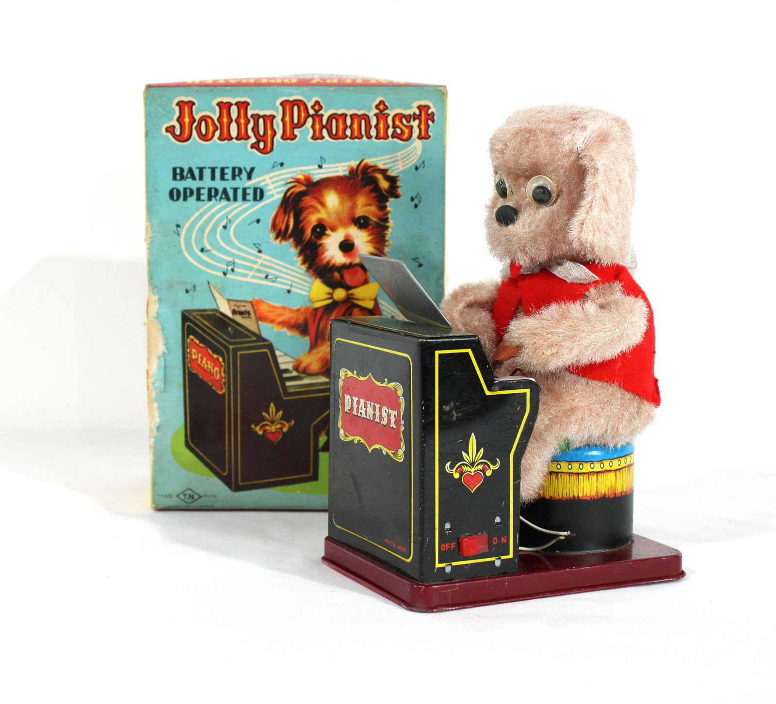 AHI Toys Jolly Pianist With Box: AHI Toys Jolly Pianist With Box. Battery-operated tinplate, made by Nomura, Japan. In-house shipping available.