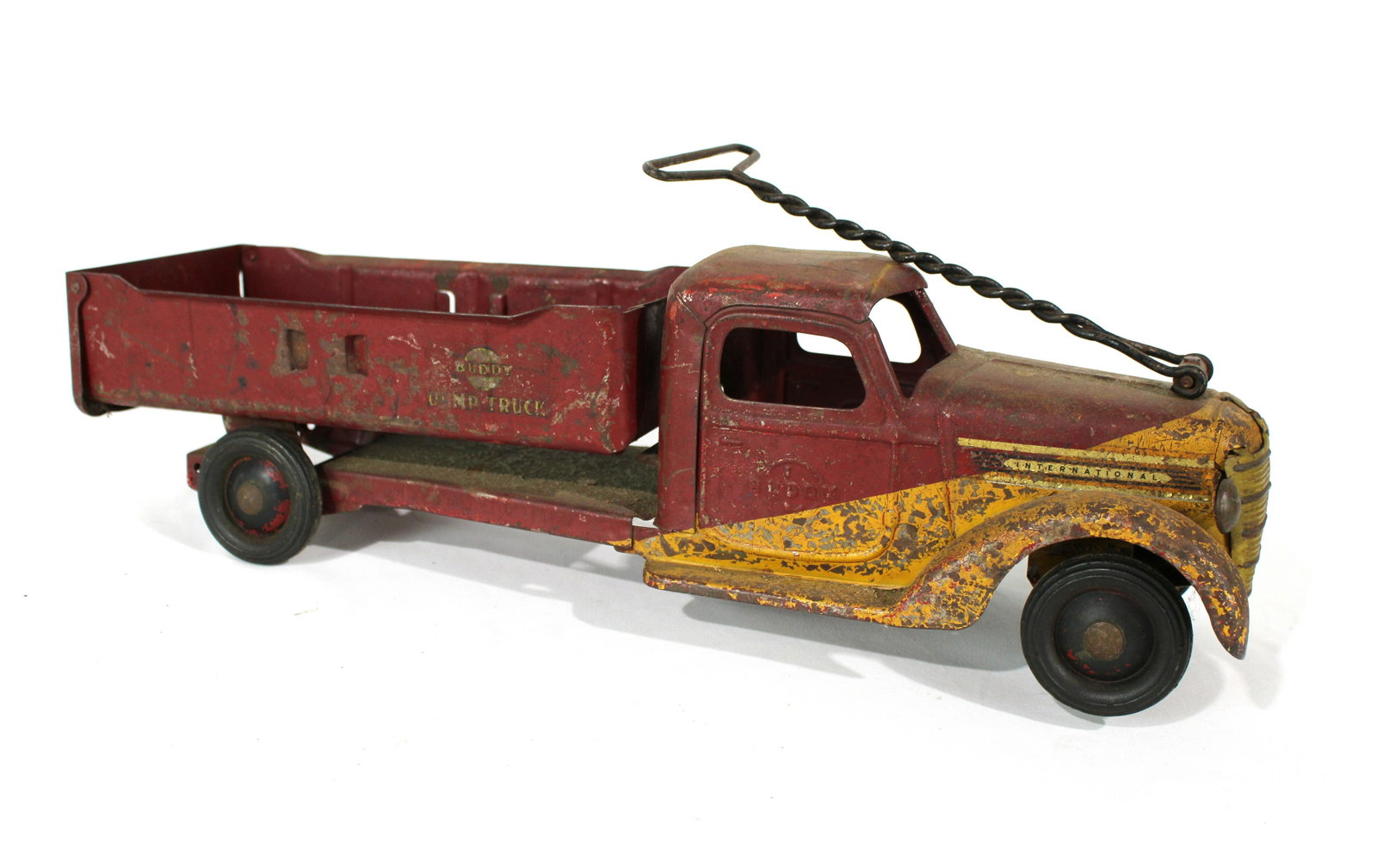 Buddy L Dump Truck: Buddy L Dump Truck, missing one wheel. In-house shipping available. Dimensions: 6 x 6 x 21