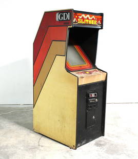 GDI Slither Arcade Game: GDI Slither Arcade Game. Complete, not working. Some mold present on the inside (shown in photos). This item requires third party shipping or pickup arrangements to be made. Dimensions: 68.5 x 24.5 x