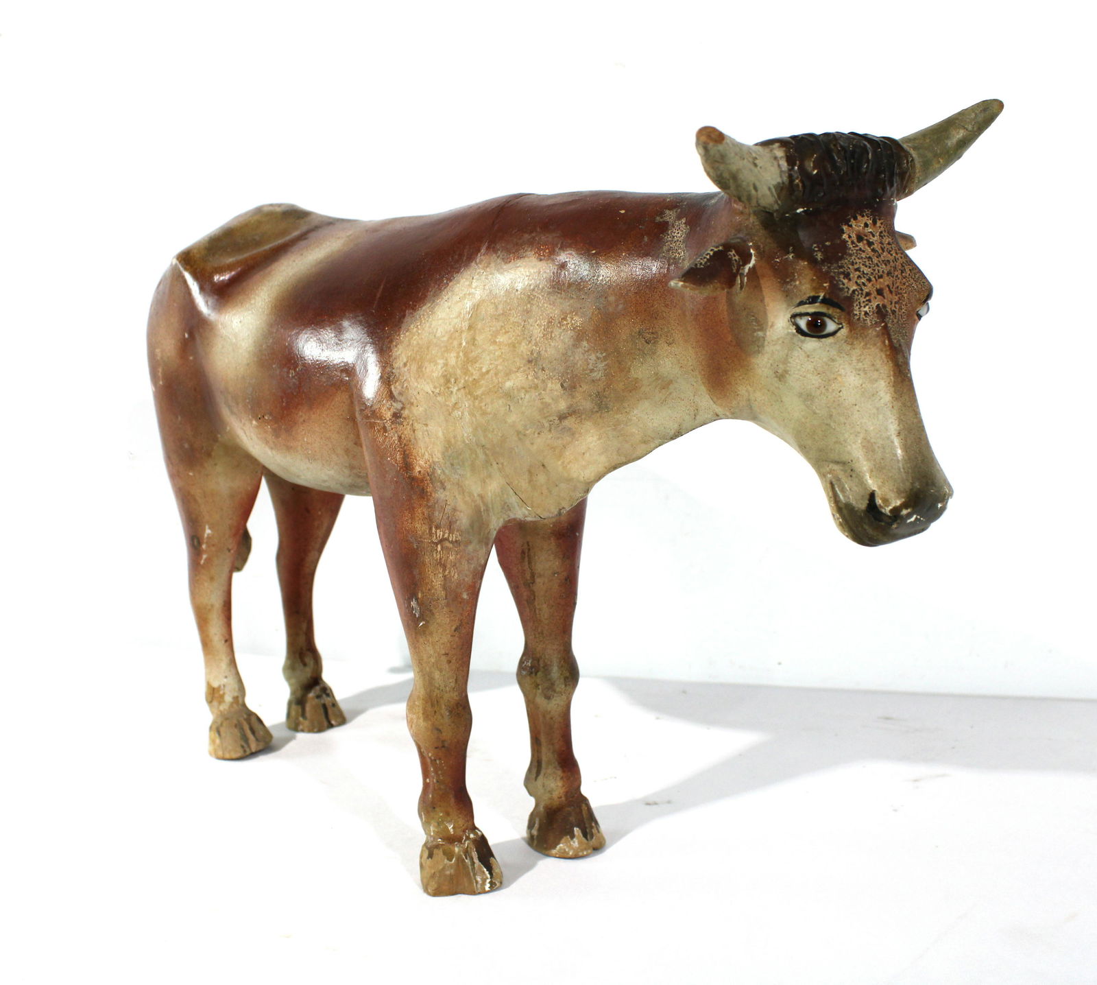 Wooden Cow With Glass Eyes Folk Art: Wooden Cow With Glass Eyes Folk Art. In-house shipping available. Dimensions: 13.5 x 6 x 21