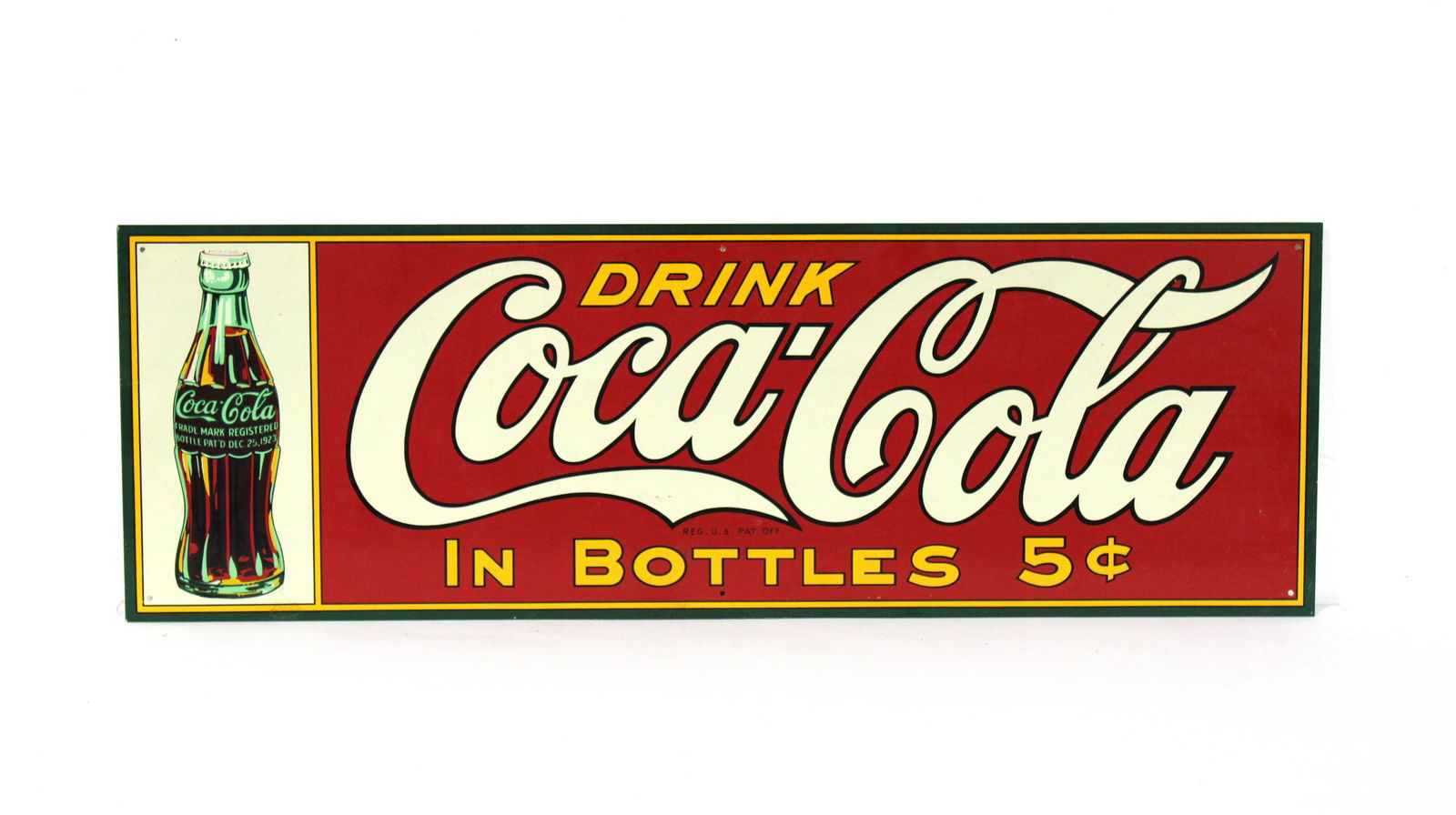 Drink Coca Cola in Bottles Advertising Sign: Drink Coca Cola in Bottles Advertising Sign. Unmarked. In-house shipping available. Dimensions: 12 x 36
