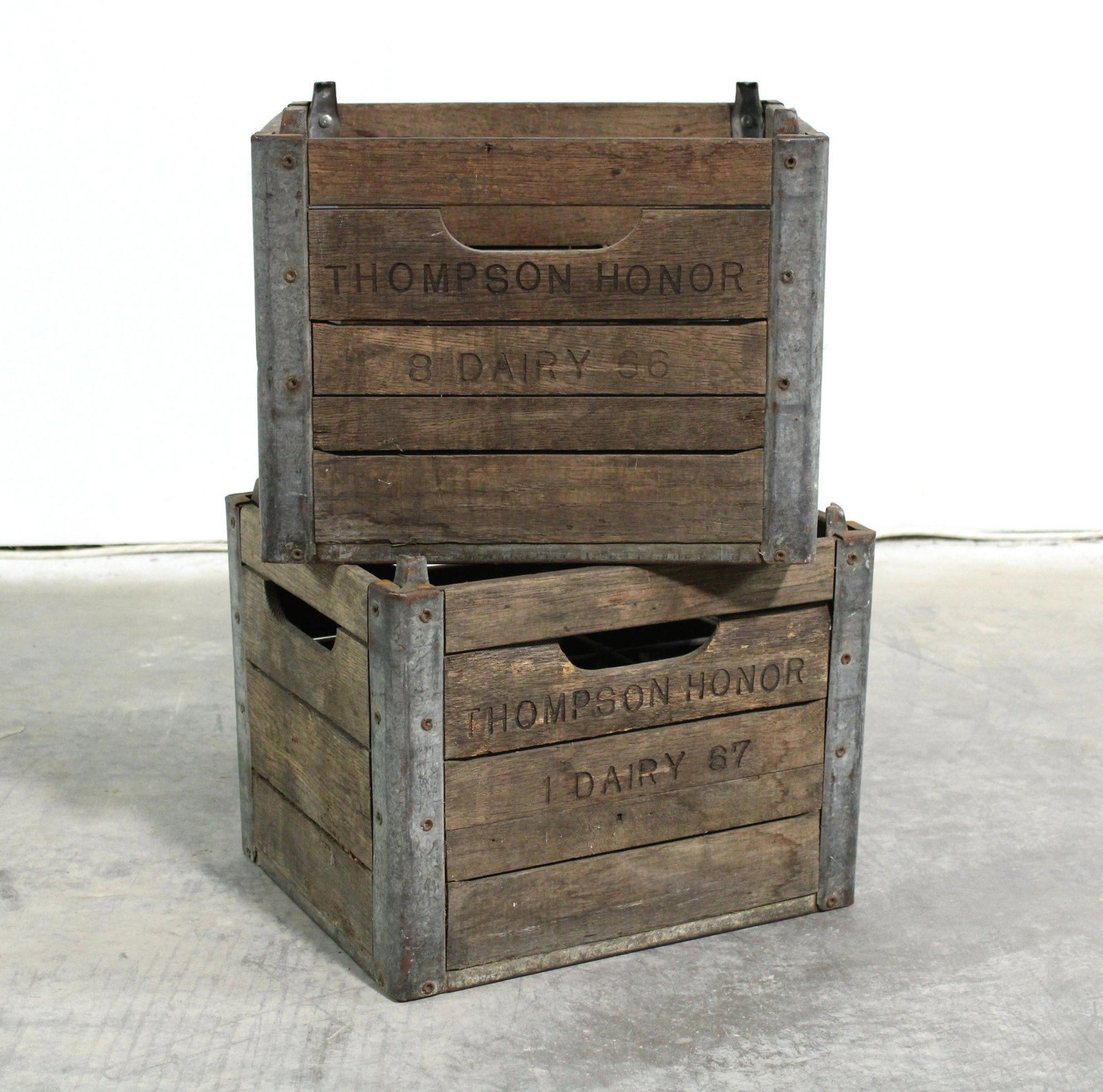 Thompson Honor Dairy Wooden Crates: Thompson Honor Dairy Wooden Crates. This item requires third party shipping or pickup arrangements to be made. Dimensions: 12 x 15 x 12