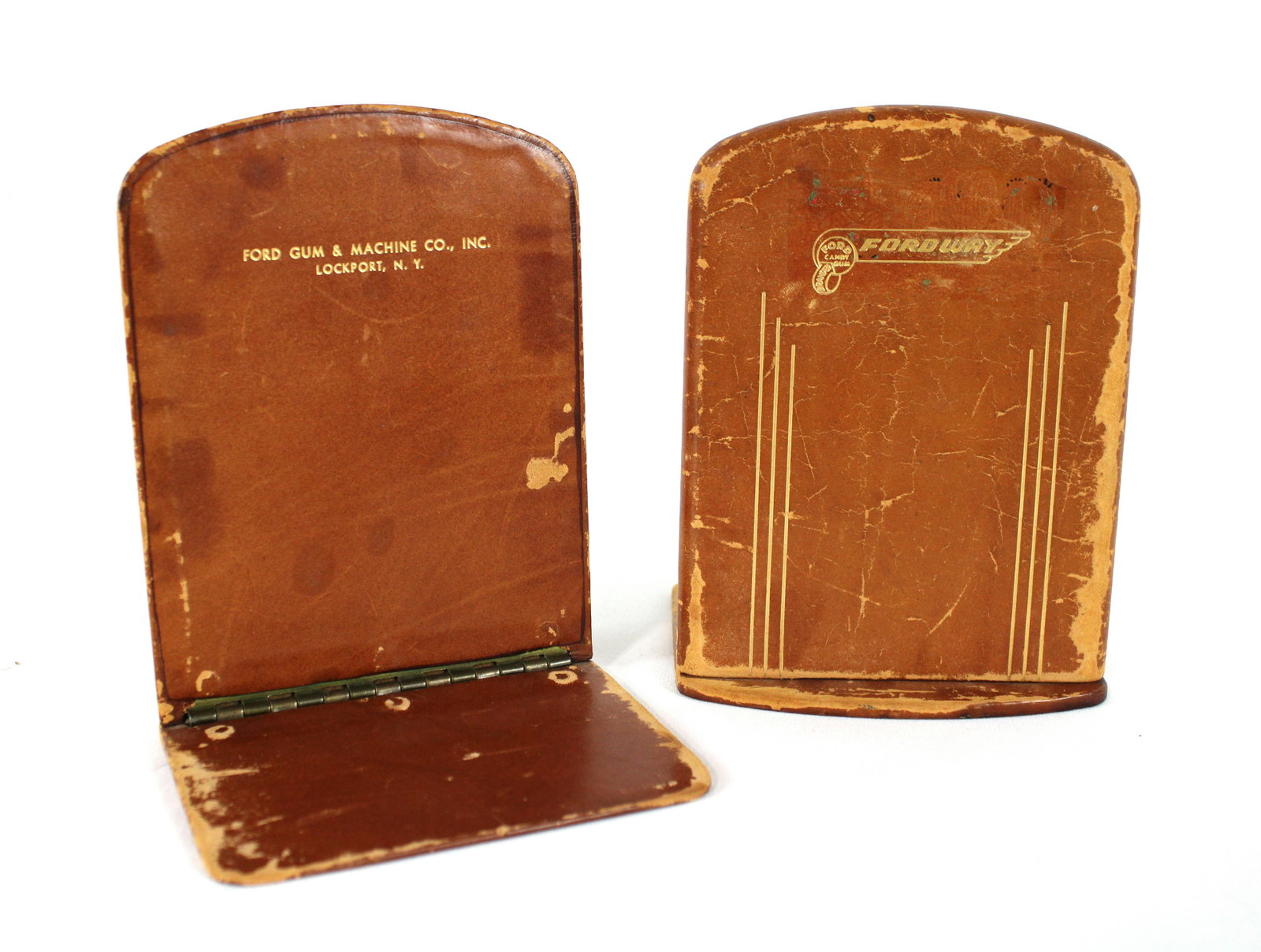 Leather Ford Gumball Company Bookends: Leather Ford Gumball Company Bookends. In-house shipping available. Dimensions: 5.5 x 4.5 x 3.5
