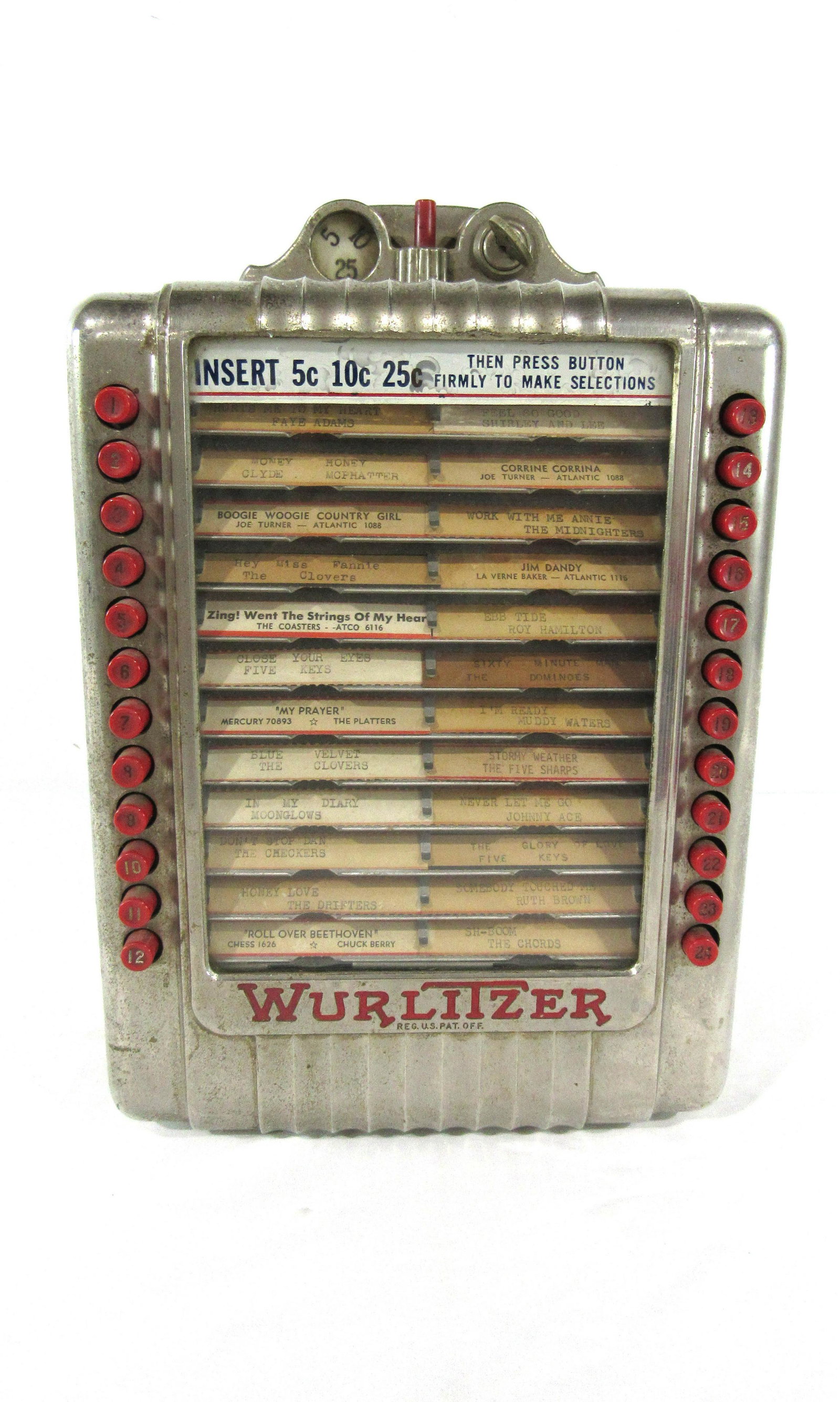 Wurlitzer Coin Operated Wallbox, 1940s: 1940s Wurlitzer Coin Operated Wallbox with Key. This item requires third party shipping or pickup arrangements to be made. Dimensions: 14 x 9 x 6