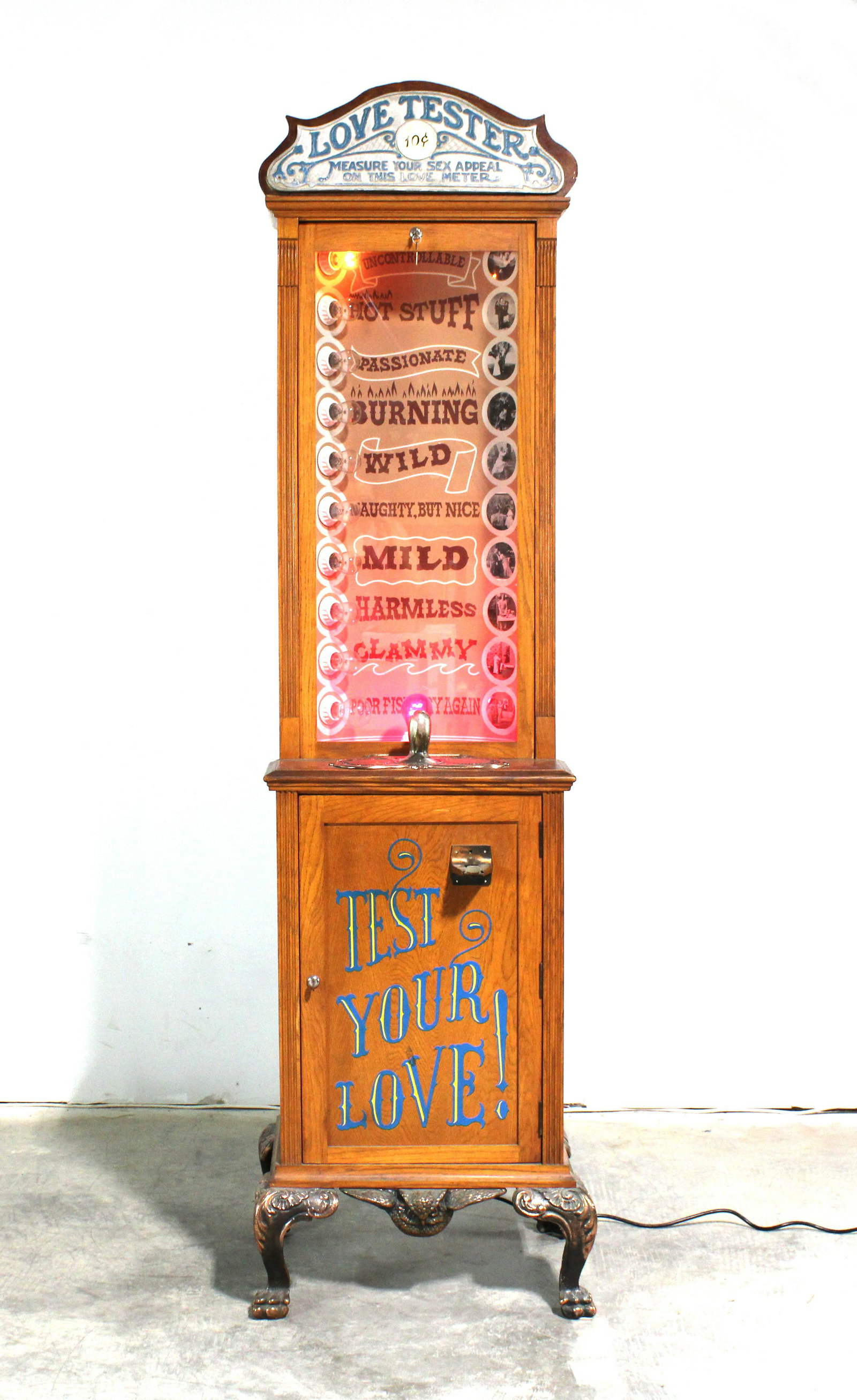 25 Cent Coin Op Love Tester: 25 Cent Coin Op Love Tester. Top sign is not attached. This item requires third party shipping or pickup arrangements to be made. Dimensions: 89 x 24 x 21