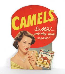 Camels Cigarettes Cardboard Advertisement, 1940s: Camels Cigarettes Cardboard Advertisement, 1940s. In-house shipping available. Dimensions: 28.5 x 20