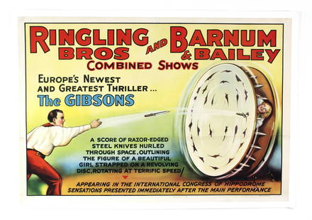 Ringling / Barnum & Bailey "The Gibsons" Circus Poster: Ringling Bros and Barnum & Bailey "The Gibsons" Circus Poster. Poster has been mounted to a heavy fabric/ cardstock to preserve. This item requires third party shipping or pickup arrangements to be