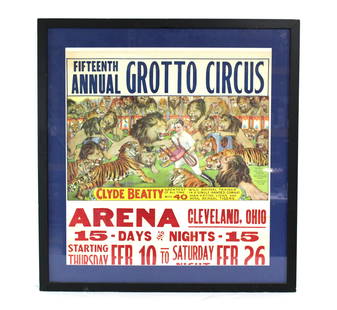 Clyde Beatty Grotto Circus Poster, Framed: Clyde Beatty Grotto Circus Poster, Framed. This item requires third party shipping or pickup arrangements to be made. Dimensions: 35.5 x 33.5 x 1