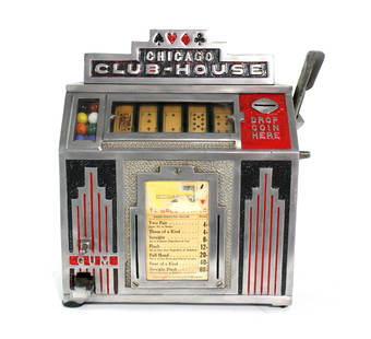 Daval Chicago Club House 1 Cent Trade Stimulator: Daval Chicago Club House 1 Cent Trade Stimulator, working. Has keys. This item requires third party shipping or pickup arrangements to be made. Dimensions: 13.5 x 12 x 10