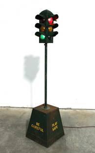 4 FT Metal Miniature Stop Light "Be Careful, Play Safe": 4 FT Metal Miniature Stop Light "Be Careful, Play Safe". Electric. Has a switch to change lights. This item requires third party shipping or pickup arrangements to be made. Dimensions: 48 x 11 x 11