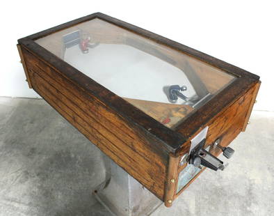 Ice Hockey Coin Op Mechanical Arcade: Ice Hockey Coin Op Table Top by Ruffler and Walker, working. Manufactured in the UK. Oak cabinet on custom stand. This item requires third party shipping or pickup arrangements to be made. Dimensions: