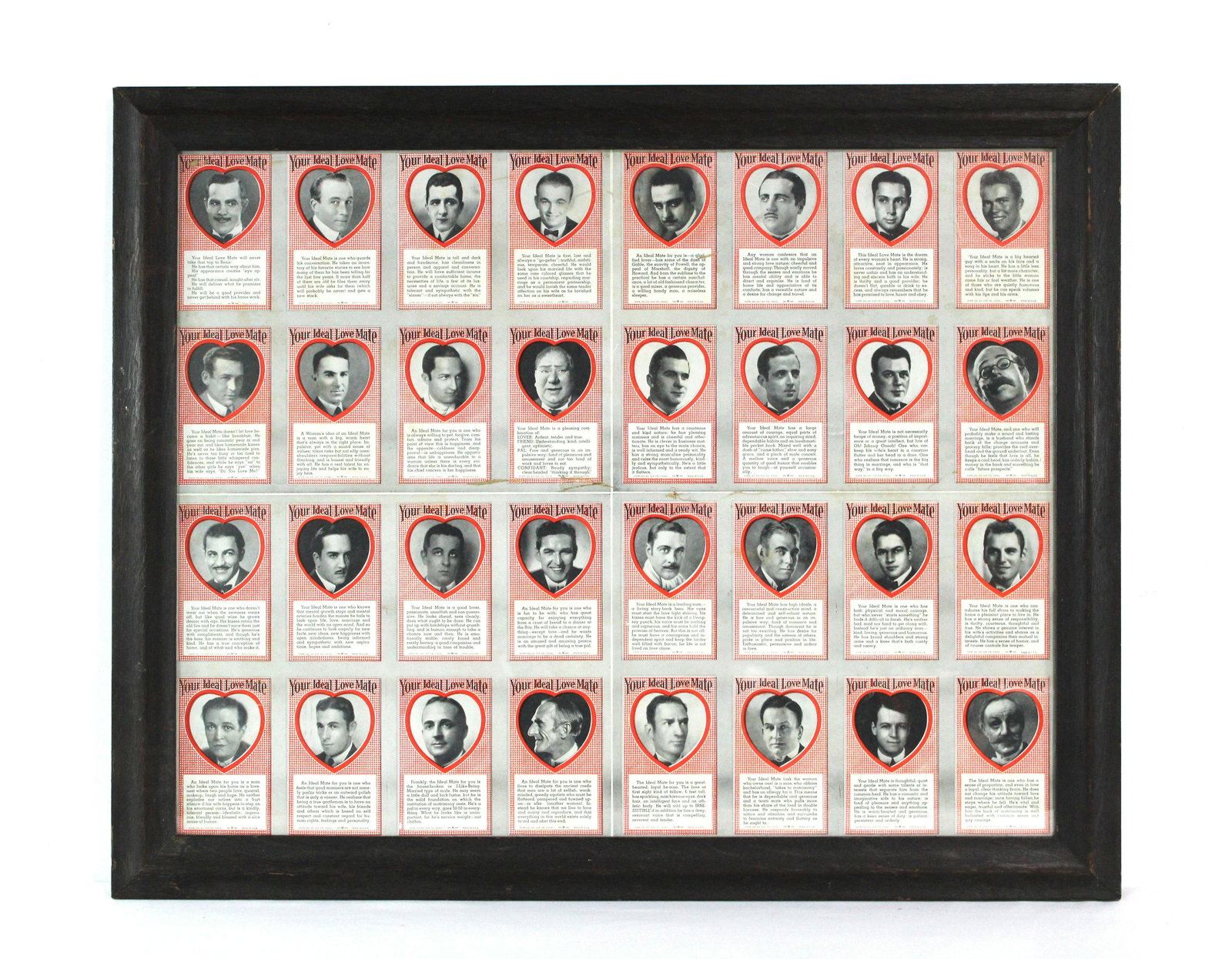 Exhibit Supply Uncut Fortunes "Your Ideal Love Mate": Exhibit Supply Uncut Fortune Cards "Your Ideal Love Mate", Framed. 1940s. This item requires third party shipping or pickup arrangements to be made. Dimensions: 26 x 32