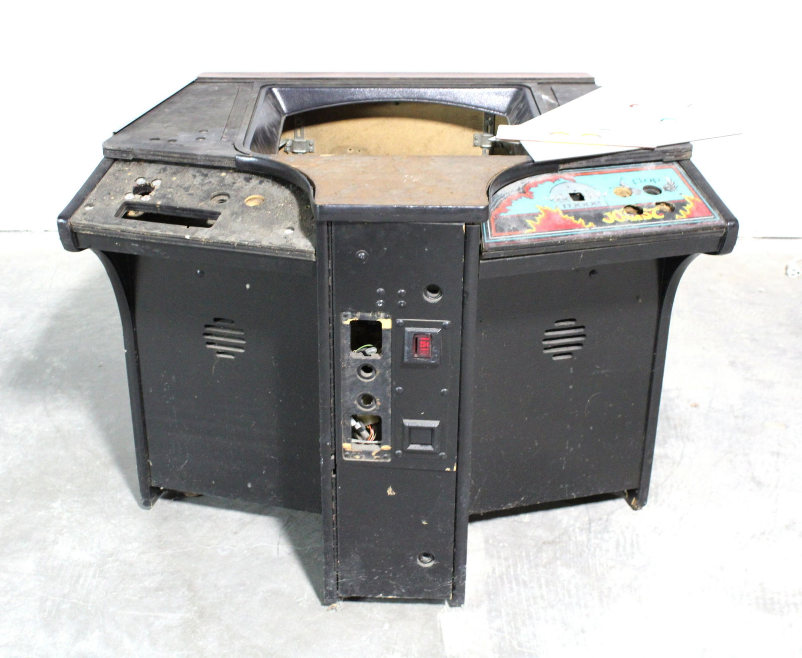 Joust Cocktail Cabinet with New Overlays: Joust Cocktail Cabinet with New Overlays. Cabinet only, no monitor, boards or glass. Includes set of new overlays. This item requires third party shipping or pickup arrangements to be made. Dimensions