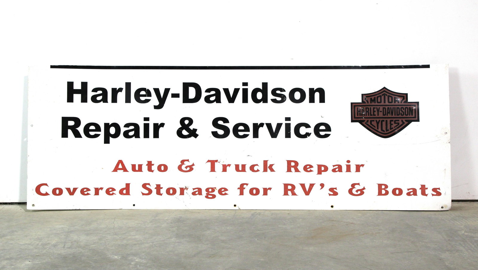 5FT Harley Davidson Repair & Service Sign: 5FT Harley Davidson Repair & Service Sign. This item requires third party shipping or pickup arrangements to be made. Dimensions: 21 x 60
