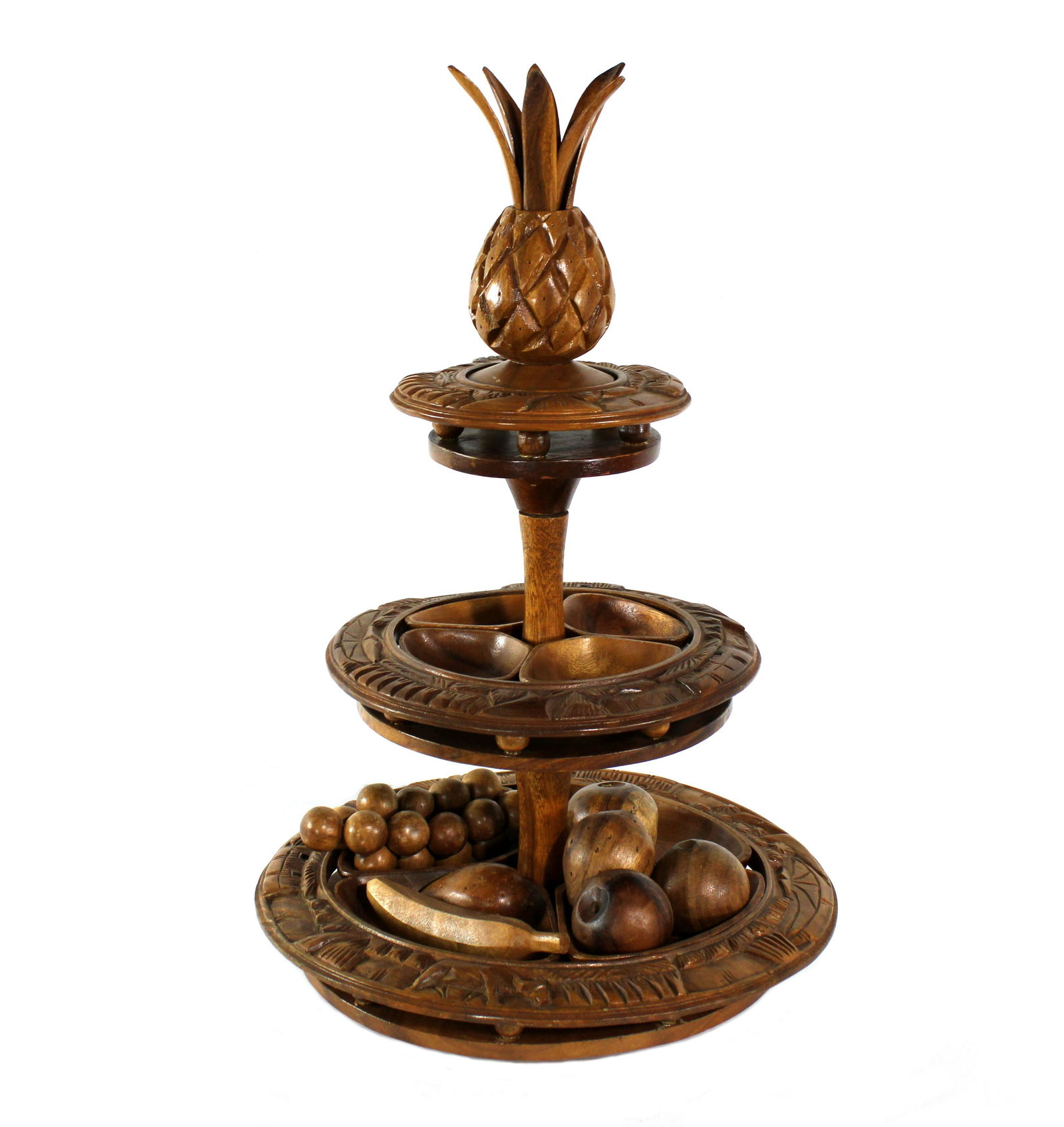 Mid Century Monkey Pod Lazy Susan with Wooden Fruit (1 of 2)