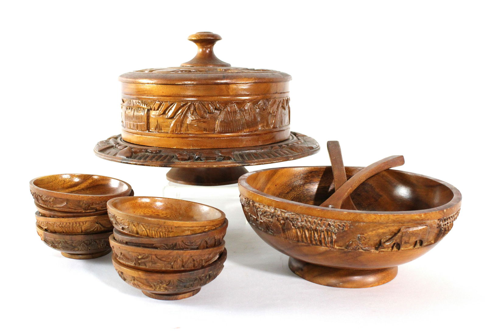 Mid Century Monkey Pod Lazy Susan Cake Plate and Bowls (1 of 2)