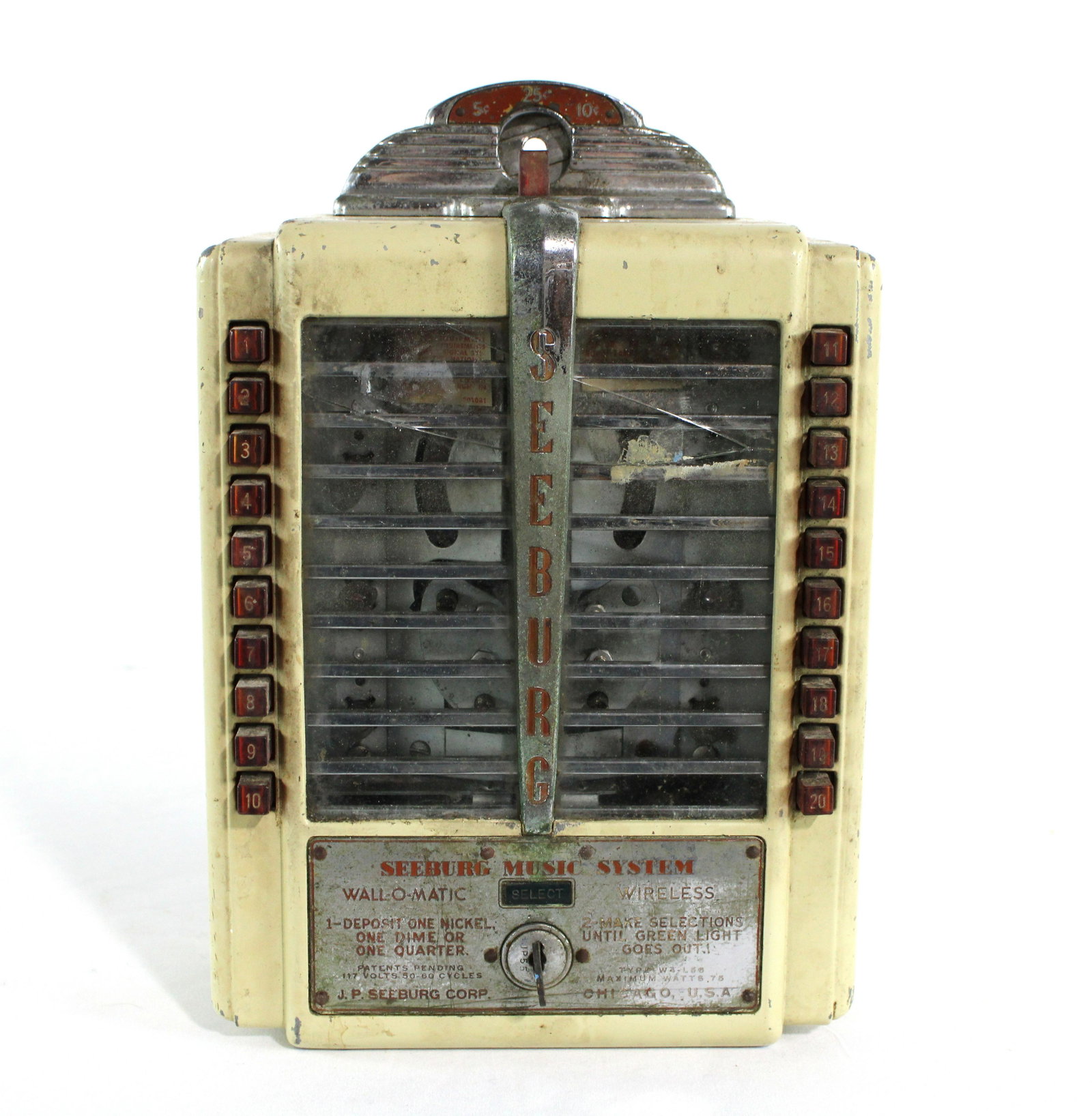 Seeburg Wall-O-Matic Coin Op Wallbox: Seeburg Wall-O-Matic Coin Op Wallbox. Front glass is cracked. This item requires third party shipping or pickup arrangements to be made. Dimensions: 12 x 8.5 x 5
