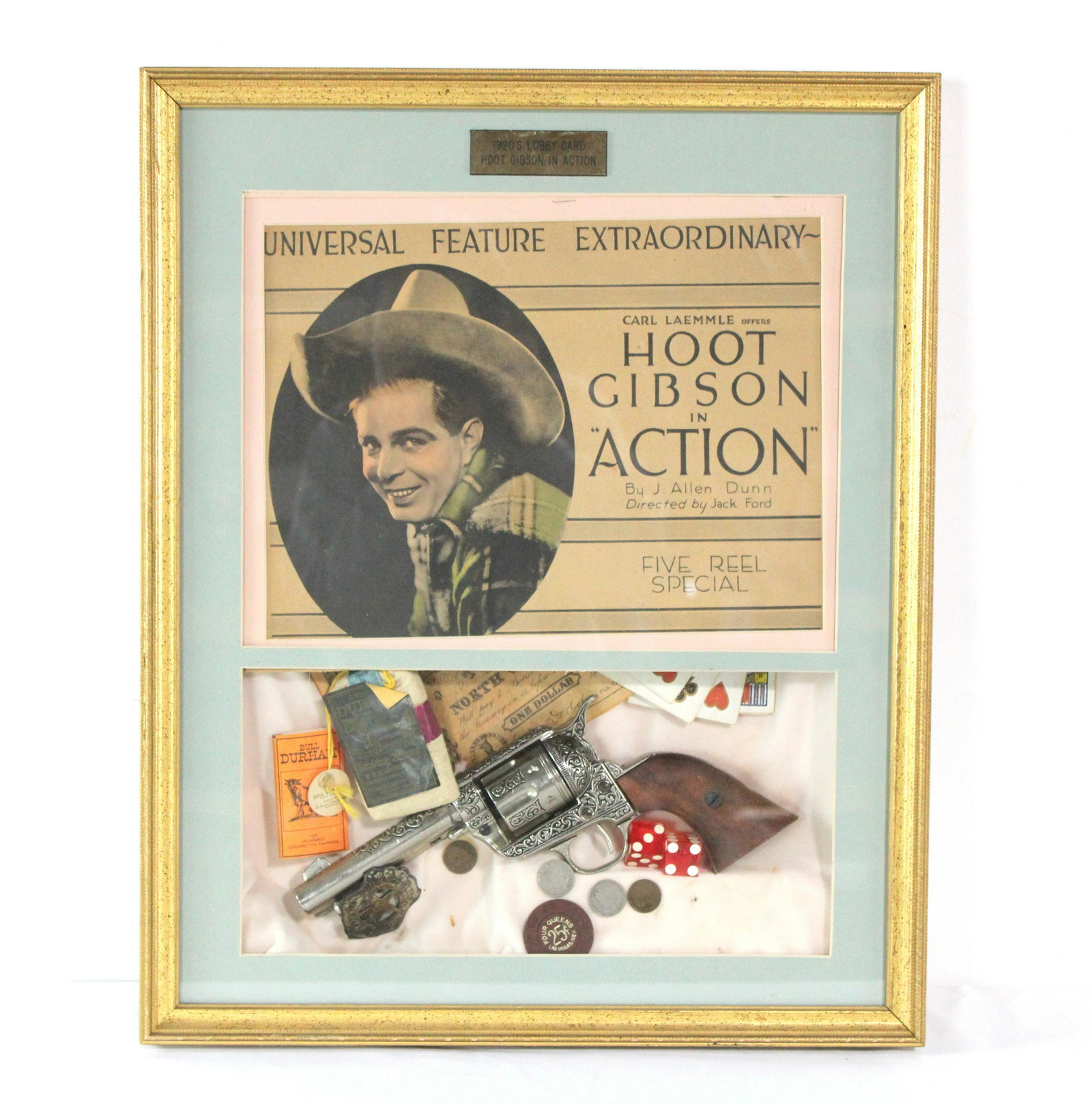 Hoot Gibson in Action Framed Lobby Card and Shadow Box: Hoot Gibson in Action Framed Lobby Card and Shadow Box. This item requires third party shipping or pickup arrangements to be made. Dimensions: 21 x 17.5 x 2