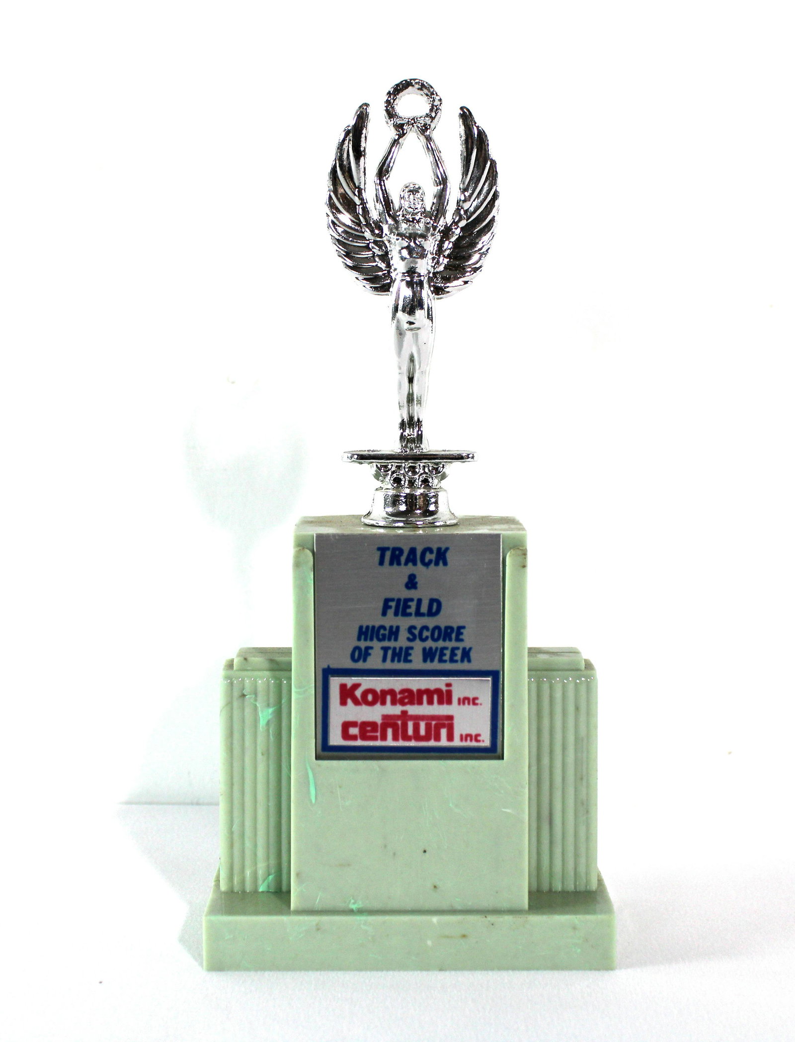 Konami / Centuri Track & Field Arcade "High Score of the Week" Trophy: Konami / Centuri Track & Field Arcade "High Score of the Week" Trophy. In-house shipping available. Dimensions: 9 x 4 x 2.5