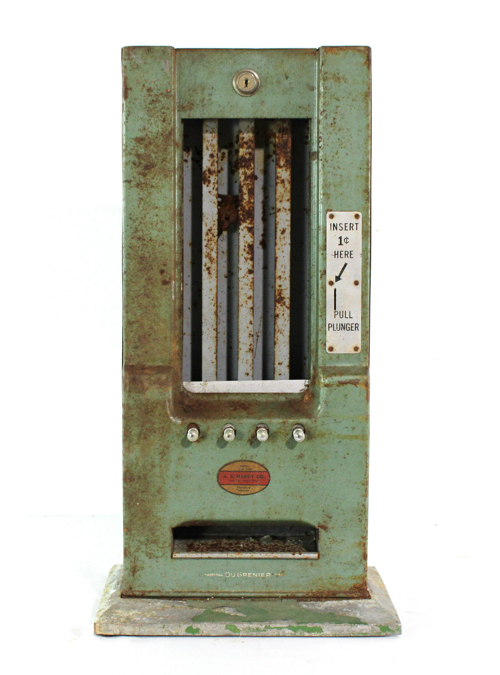 Dugrenier Coin Op Gum Vendor: Dugrenier Coin Op Gum Vendor. No key. This item requires third party shipping or pickup arrangements to be made. Dimensions: 23 x 12 x 7.5