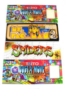 Ms. Pac-Man, Spiders and NOS Taito Bust-A-Move Arcade Game Headers: Ms. Pac-Man, Spiders and New Old Stock Taito Bust-A-Move Arcade Game Headers. In-house shipping available.