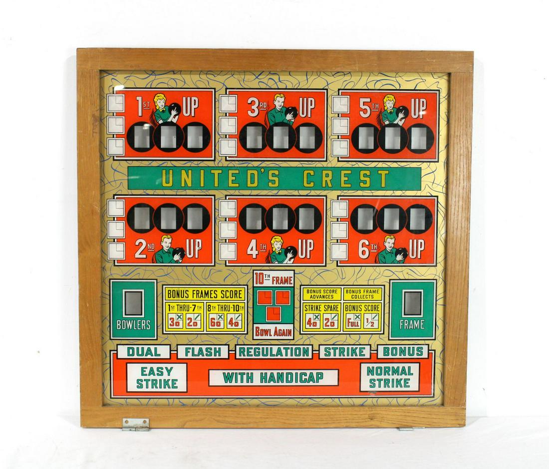 United Crest Bowling Arcade Back Plexi in Frame: United Crest Bowling Arcade Back Plexi in Frame. In-house shipping available. Dimensions: 29 x 30 x 1