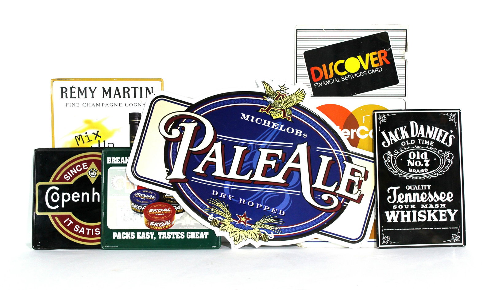 Tin Tacker Signs incl. Michelob and Copenhagen: Tin Tacker Signs incl. Michelob and Copenhagen. Also includes Remy Martin, Skoal, Jack Daniels and double sided Credit Card Sign. This item requires third party shipping or pickup arrangements to be m