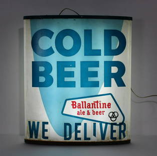 Ballantine Ale & Beer Hanging Light Up Sign: Ballantine Ale & Beer Hanging Light Up Sign. One crack on upper left side. This item requires third party shipping or pickup arrangements to be made. Dimensions: 26 x 22 x 4