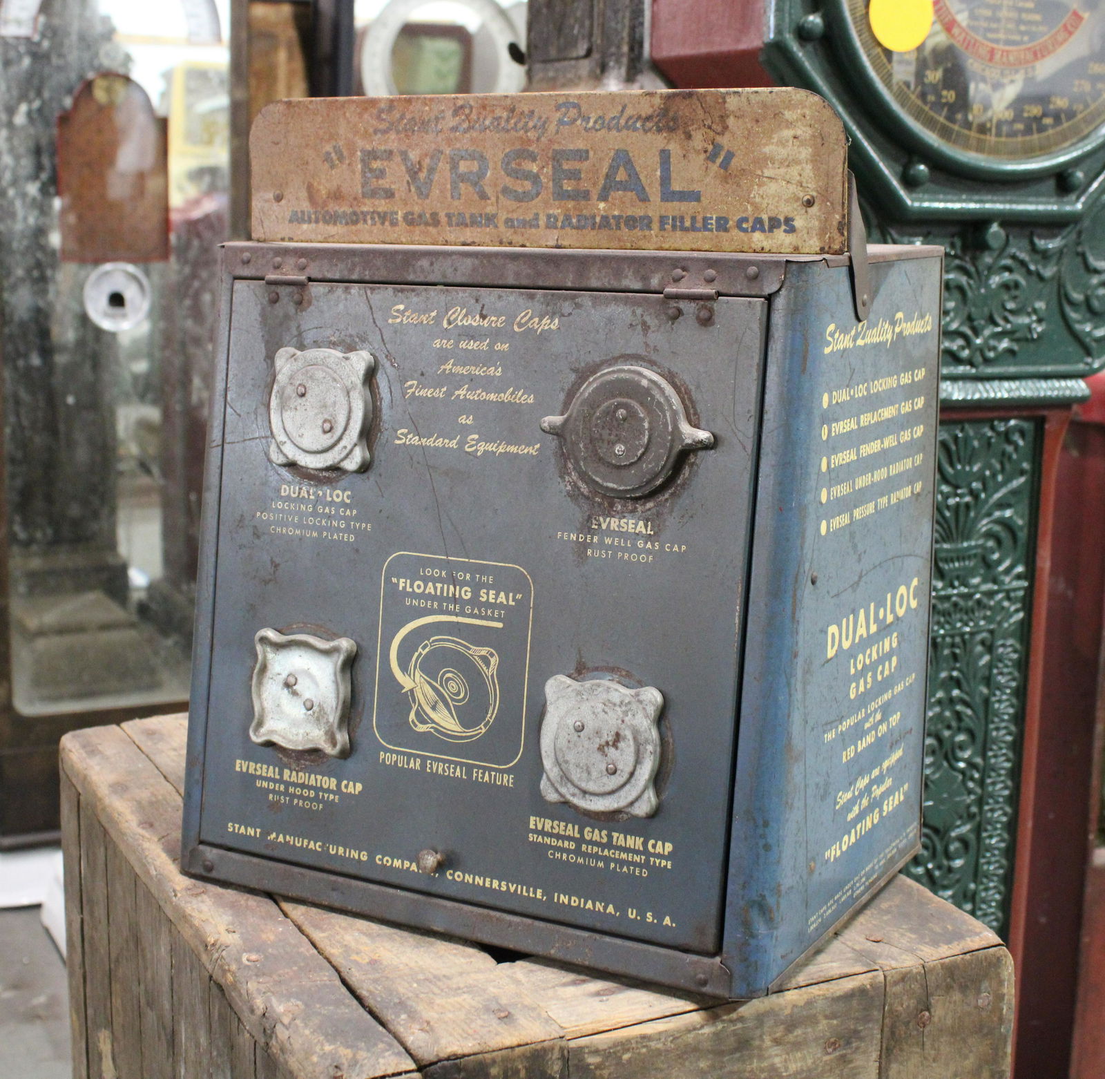 Everseal Vintage Gas Cap Advertising Cabinet: Everseal Vintage Gas Cap Advertising Cabinet. Caps usually missing, good gas and oil piece.