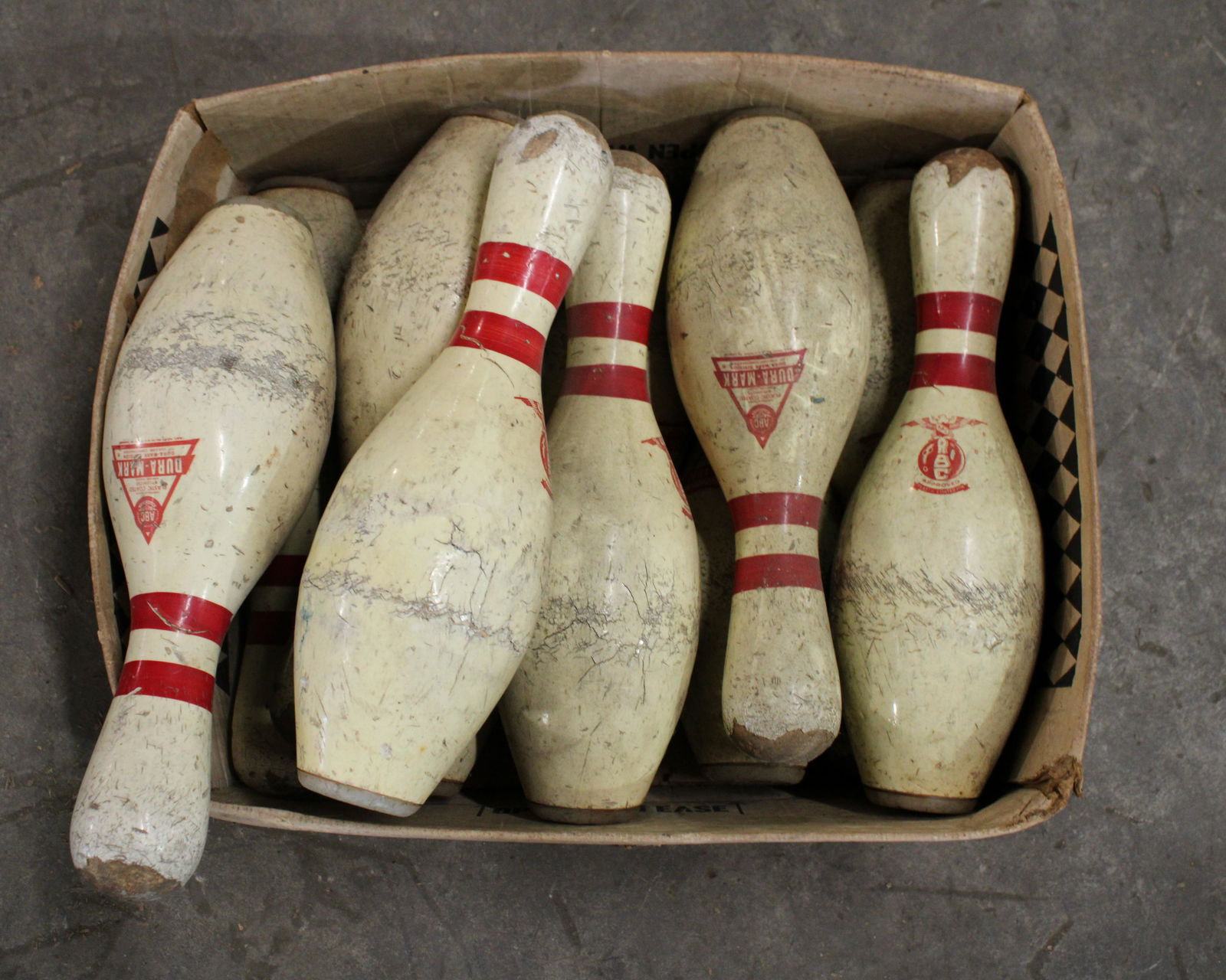 Box Lot of Vintage Bowling Pins (1 of 1)
