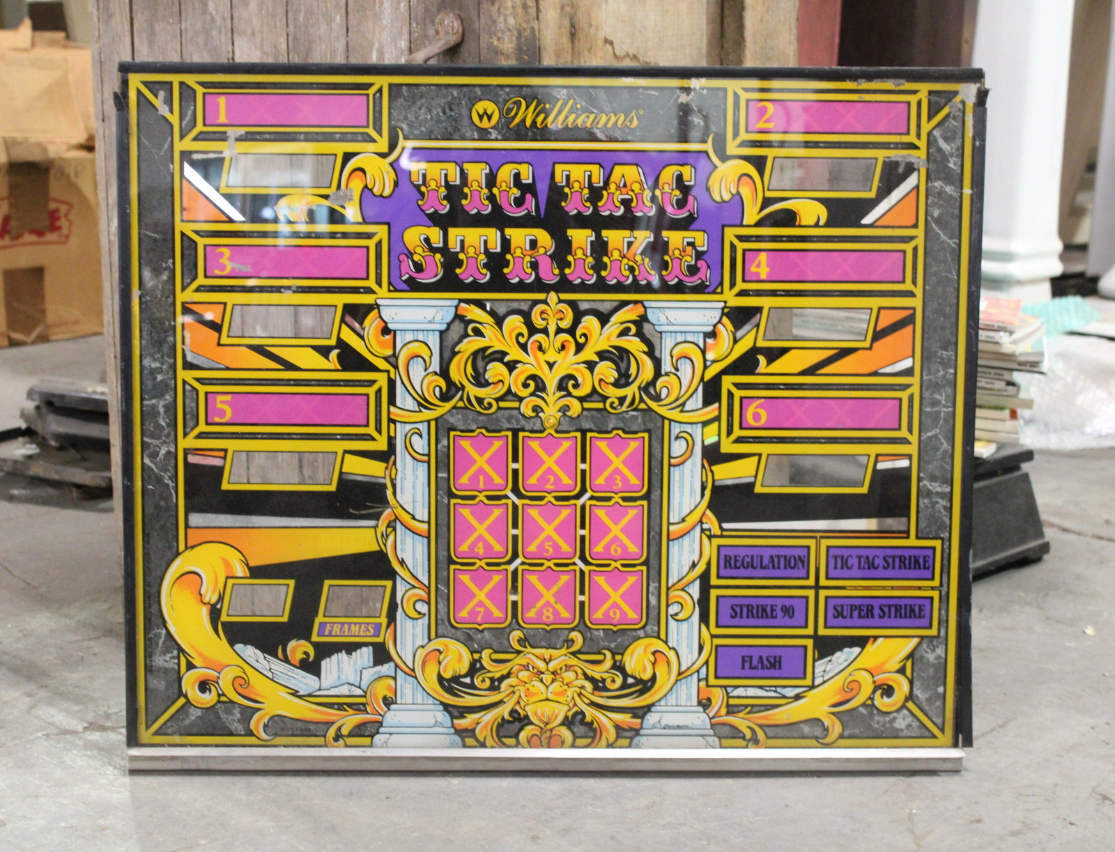 Williams Tic Tac Strike Shuffle Bowler Backglass: Williams Tic Tac Strike Shuffle Bowler Backglass. As found.