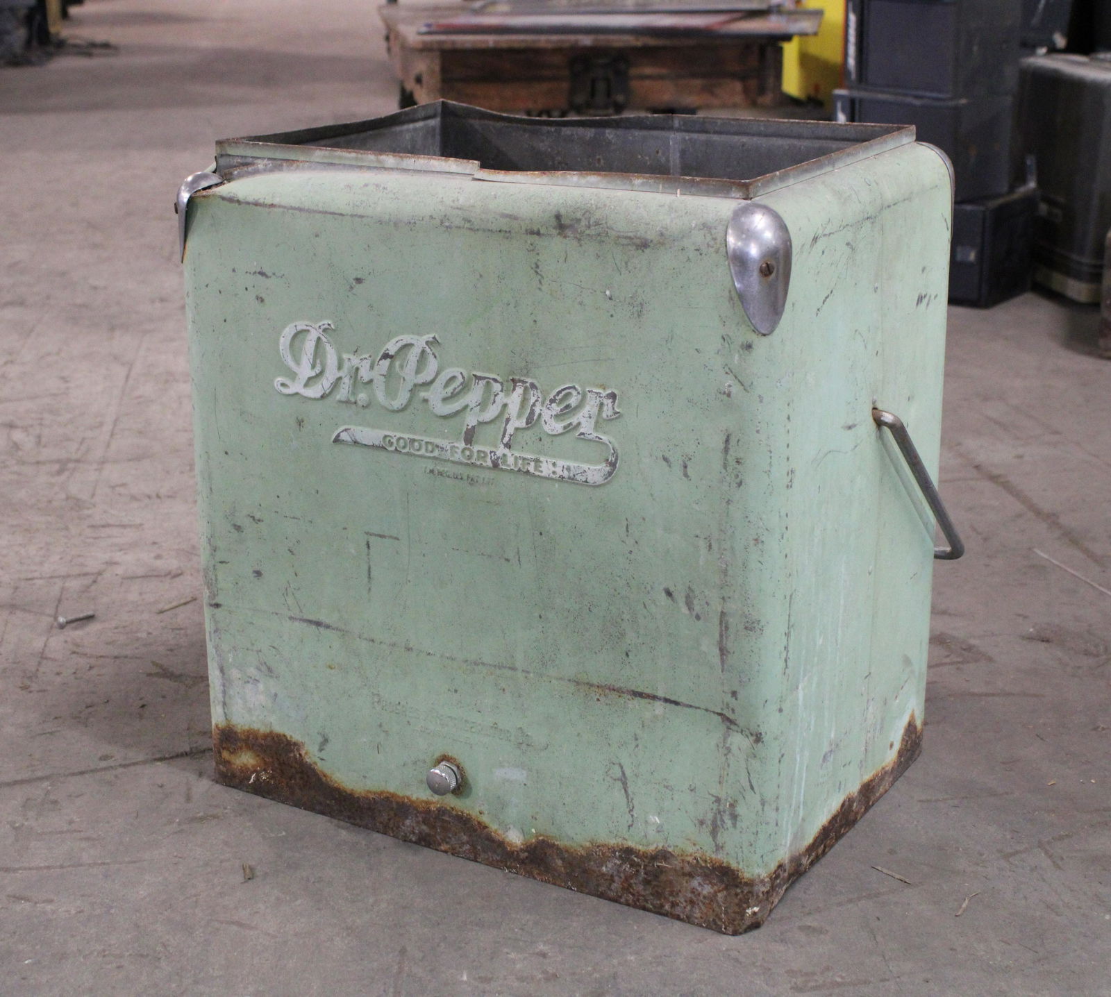 Vintage Dr. Pepper Embossed Cooler: Vintage Dr. Pepper Embossed Cooler. No lid, needs restoration.