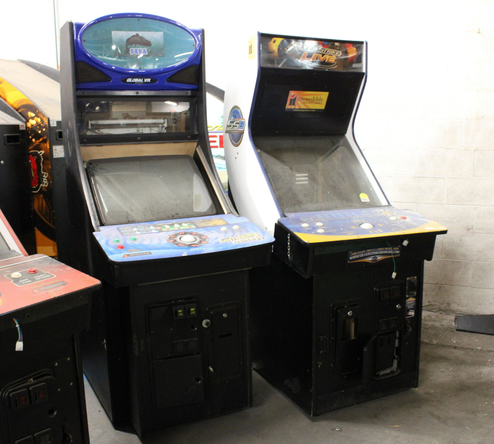Sega Global VR and Silver Strike Bowling Arcade Cabinets: Sega Global VR and Silver Strike Bowling Arcade Cabinets. Missing parts, as found. SS Live has no monitor.