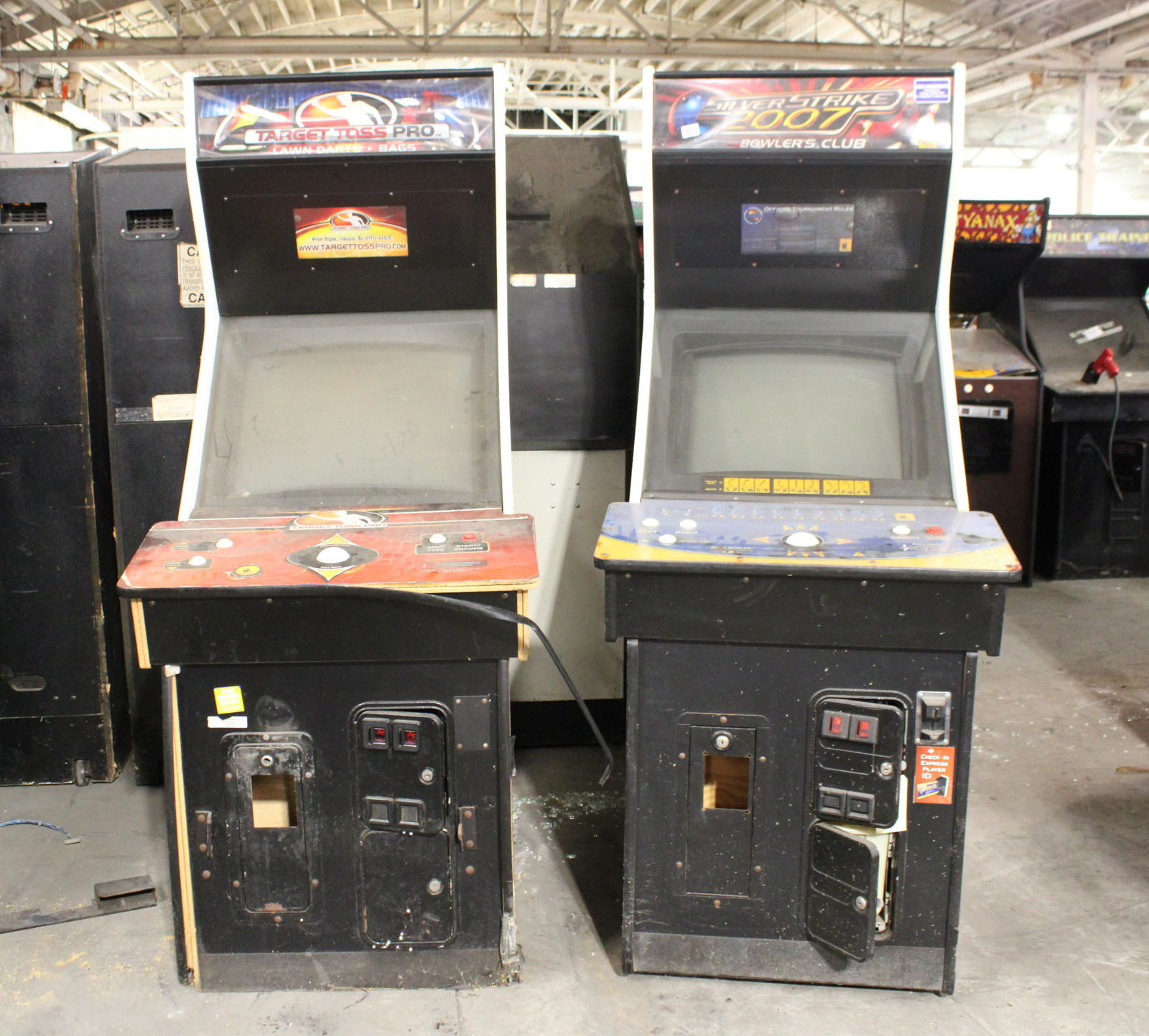 IT Bags and Silver Strike Arcade Cabinets: IT Bags and Silver Strike Arcade Cabinets. Missing parts, as found.
