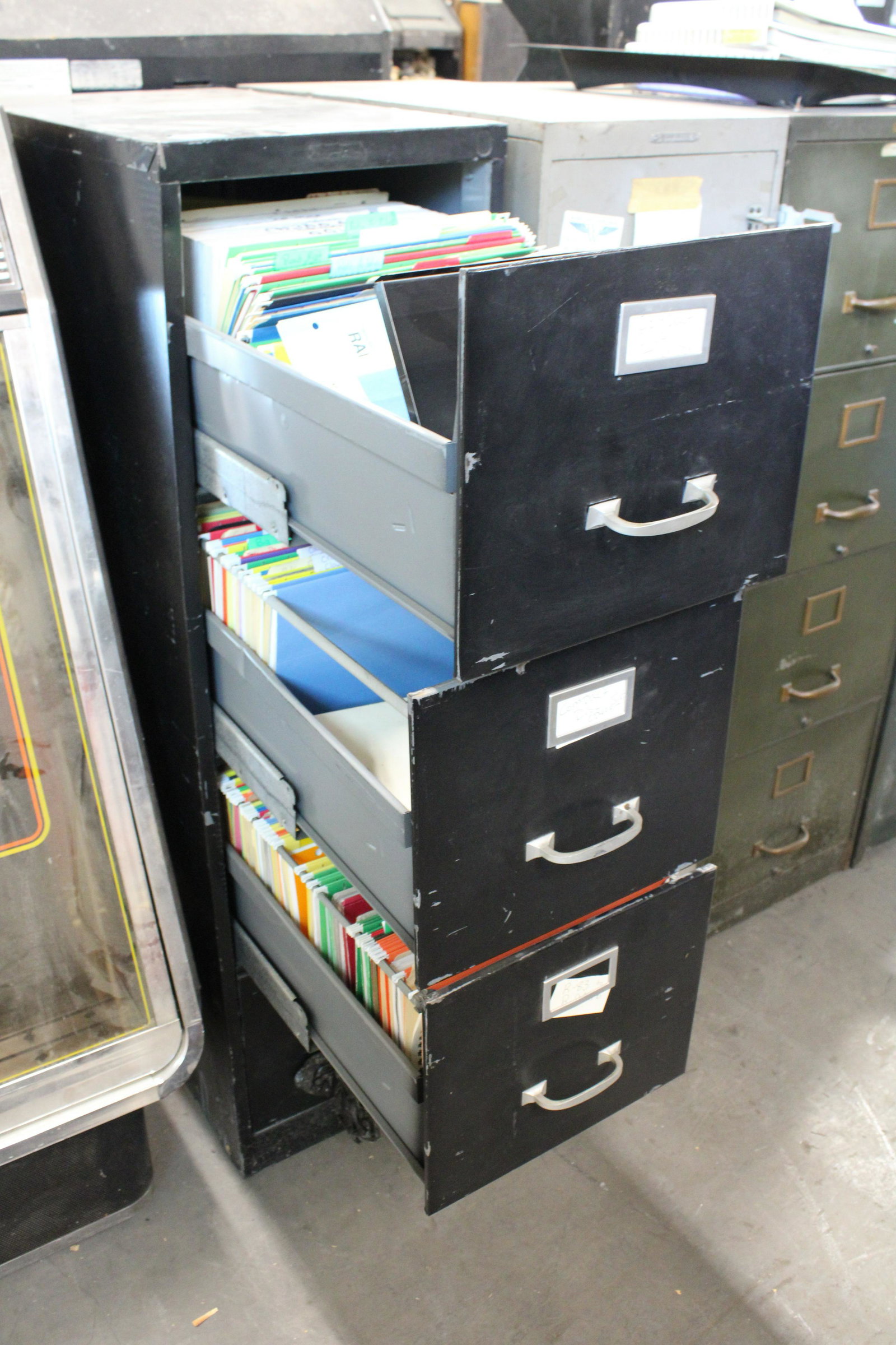 Vintage Filing Cabinet with Arcade and Jukebox Manuals: Vintage Filing Cabinet with Arcade and Jukebox Manuals. From operators warehouse, as found.