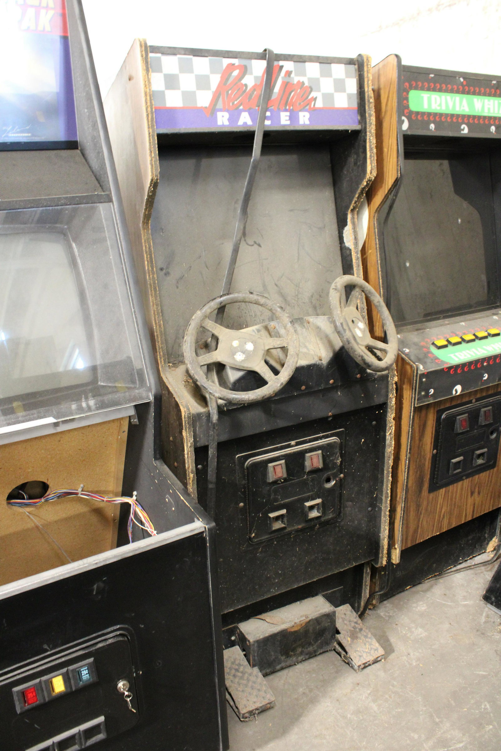Red Line Racer Arcade Game: Red Line Racer Arcade Game. Cabinet damaged, for parts or repair.