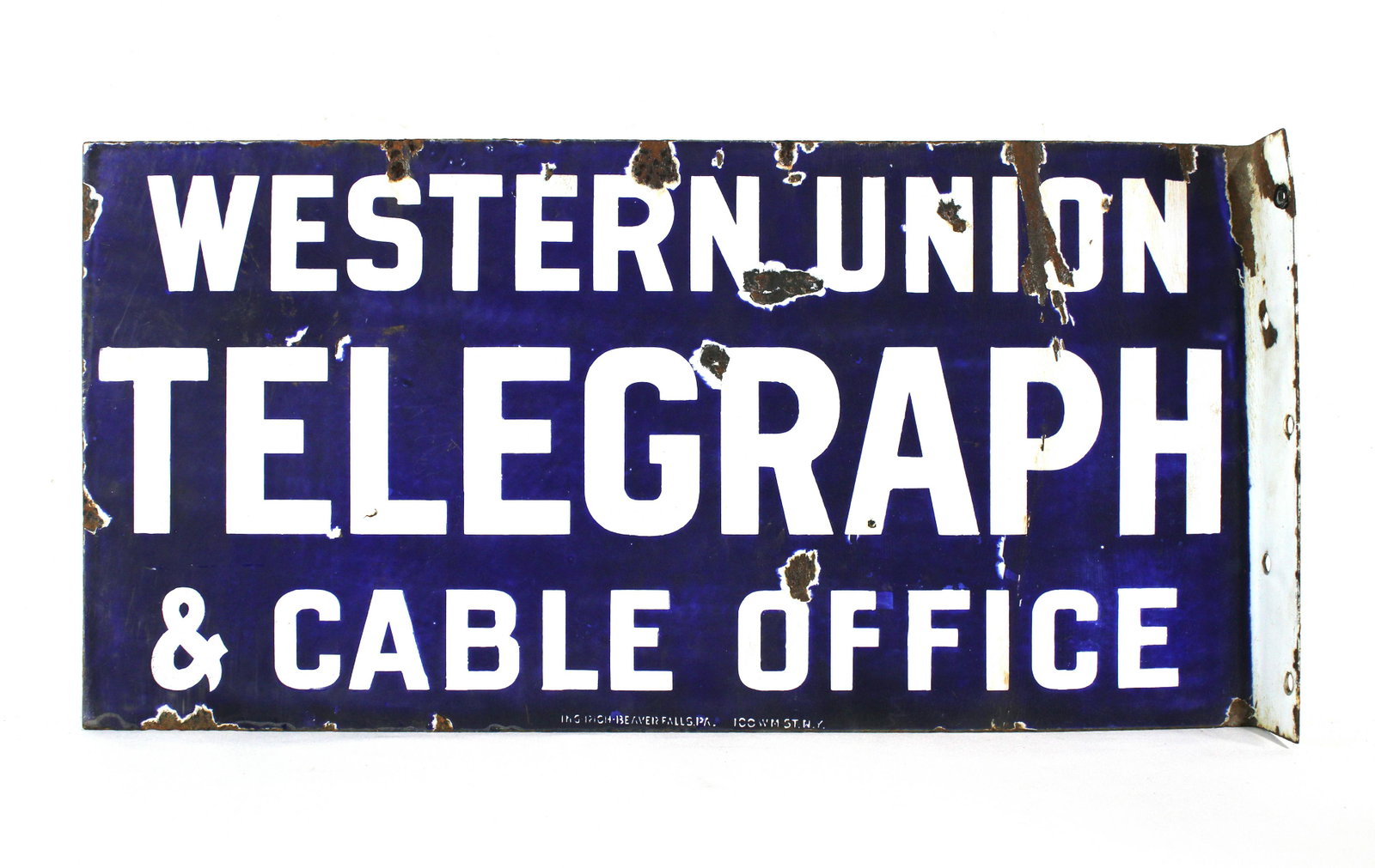 Western Union Telegraph and Cable Office DSP Flange Sign: Western Union Telegraph and Cable Office Double-Sided Porcelain Flange Sign. Dimensions: 12 x 24 x 2 *Shipping now available via Live Shipping through Live Auctioneers. Please see terms for more detai