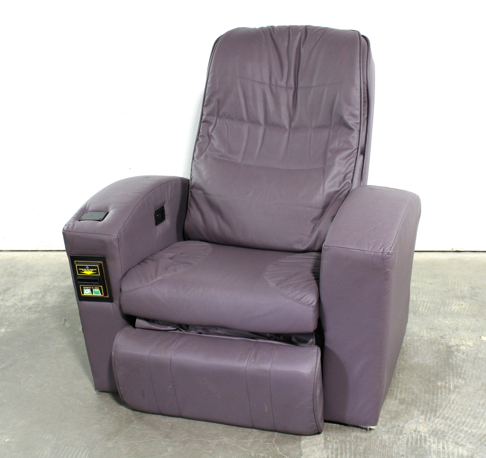 Coin Op Massage Chair Recliner: Coin Op Massage Chair Recliner. Working with bill acceptor. Dimensions: 42 x 38 x 38. *Shipping now available via Live Shipping through Live Auctioneers. Please see terms for more details.