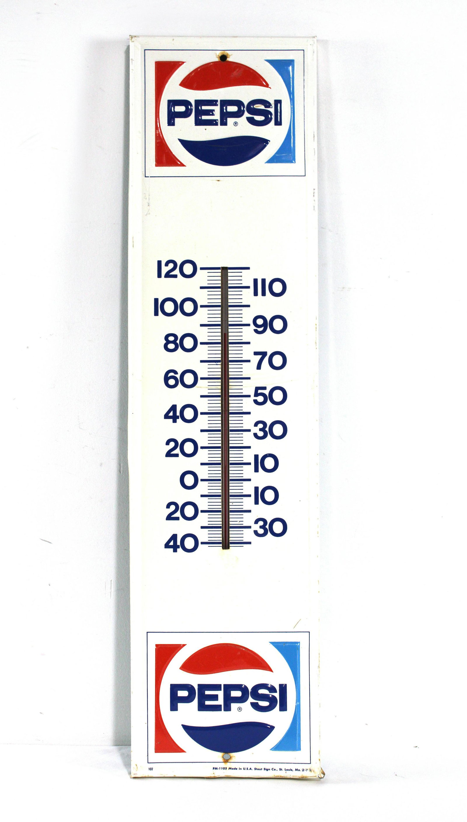 Embossed Pepsi Thermometer, Stout Sign Co.: Embossed Pepsi Thermometer, Stout Sign Co. Dimensions: 28 x 7 x 1. *Shipping now available via Live Shipping through Live Auctioneers. Please see terms for more details.