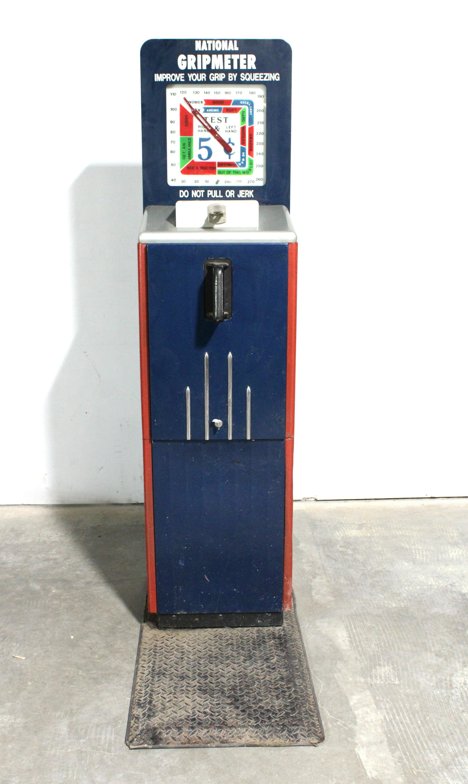 National Grip Meter Strength Tester Coin Operated, 1940s: National Grip Meter Strength Tester Coin Operated, 1940s. Restored, working. Dimensions: 68 x 20 x 37. *Please see terms for shipping details.