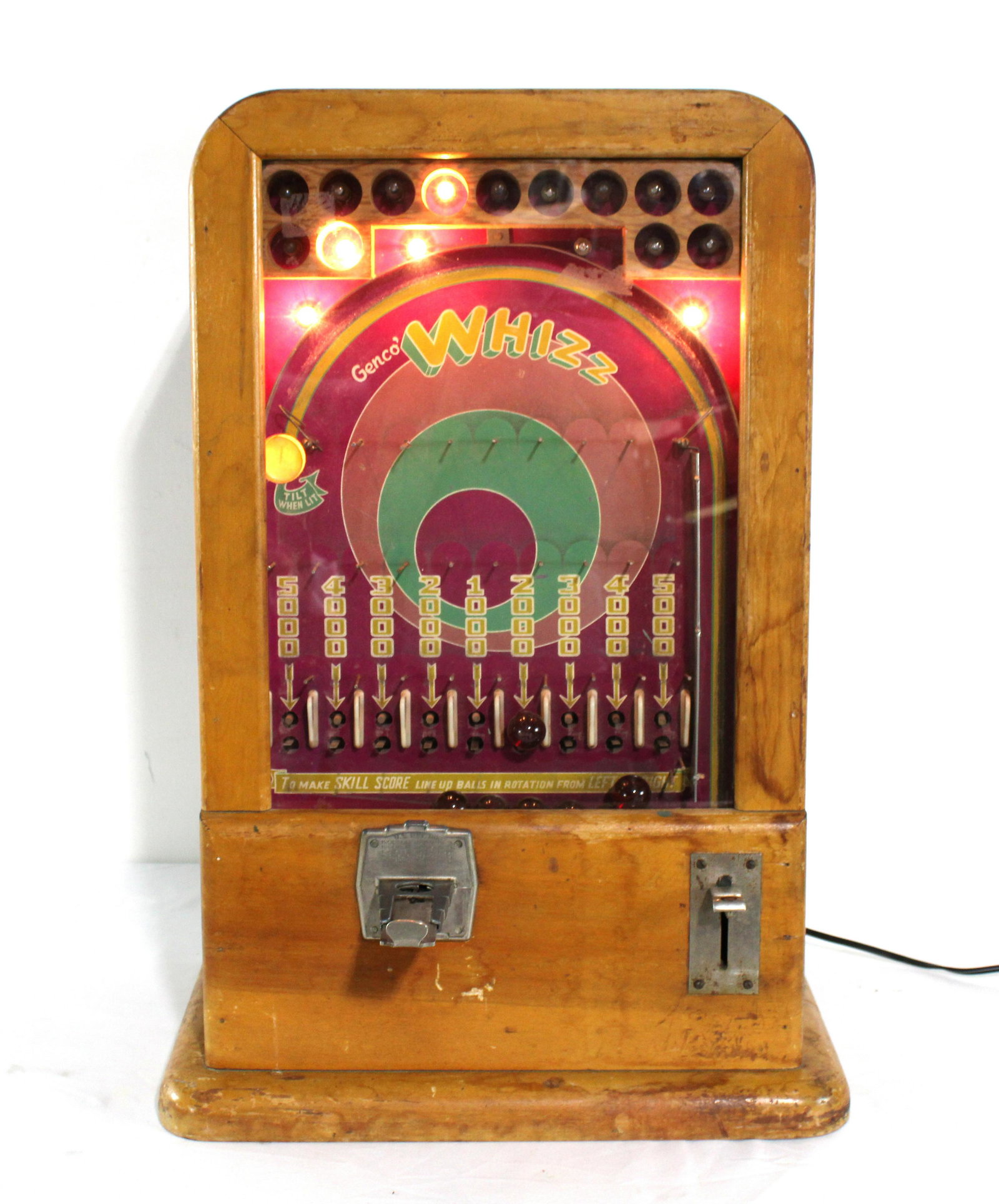 Genco Whizz Coin Op Skill Arcade Game: Genco Whizz Coin Op Skill Arcade Game. Working. Coin Shute needs repair. Dimensions: 26 x 18 x 17. *Please see terms for shipping details.