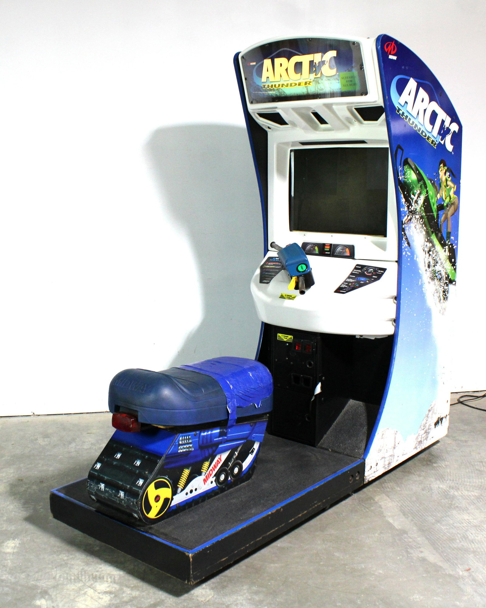 Arctic Thunder Sit Down Arcade: Arctic Thunder Sit Down Arcade. Powers on but needs work. Board is working, seat rumbles and blows air. Monitor not working. Dimensions: 77 x 31 x 79. *Please see terms for shipping details.
