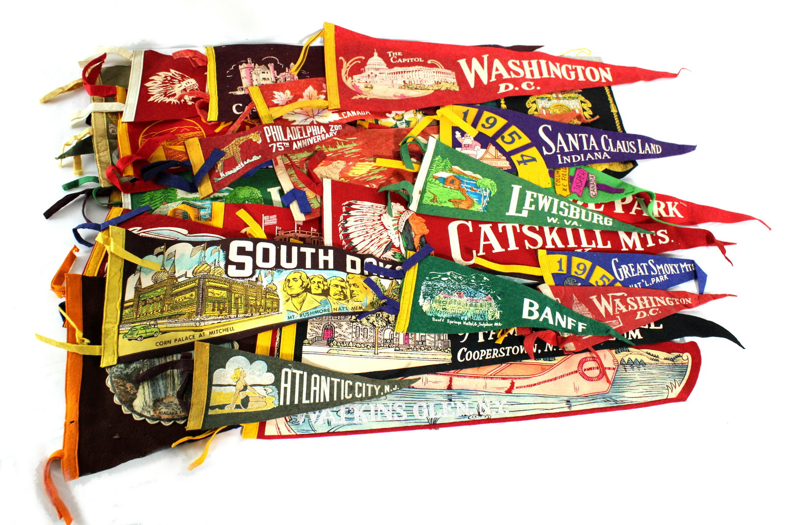 Large Collection of Vintage Felt Pennants: Large Collection of Vintage Felt Pennants. Total of 28. Dimensions of one: 9 x 26. *Please see terms for shipping details.