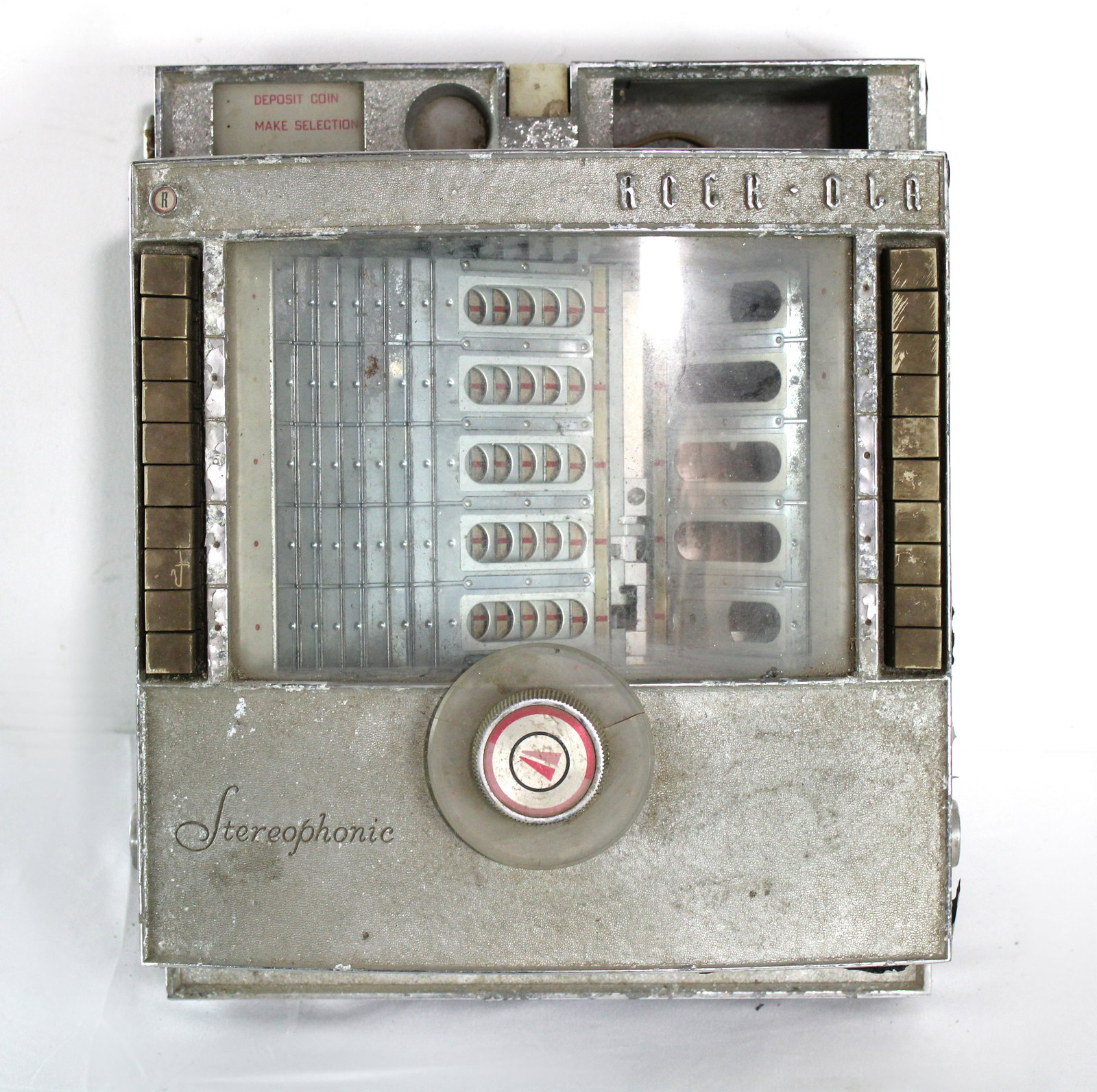 Rockola Stereophonic Coin Operated Wallbox: Rockola Stereophonic Coin Operated Wallbox for jukebox. Needs rechromed. Dimensions: 16 x 13 x 7. *Please see terms for shipping details.