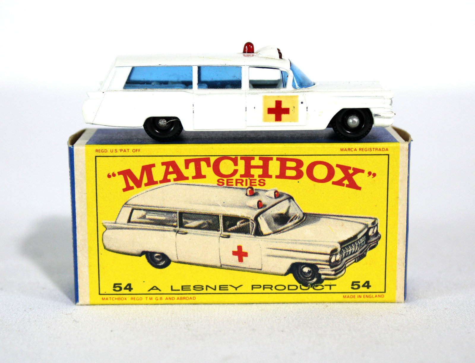 Matchbox #54 Cadillac Ambulance in Box: Matchbox #54 Cadillac Ambulance in Box. Dimensions: 2 x 3 x 1. *Please see terms for shipping details.