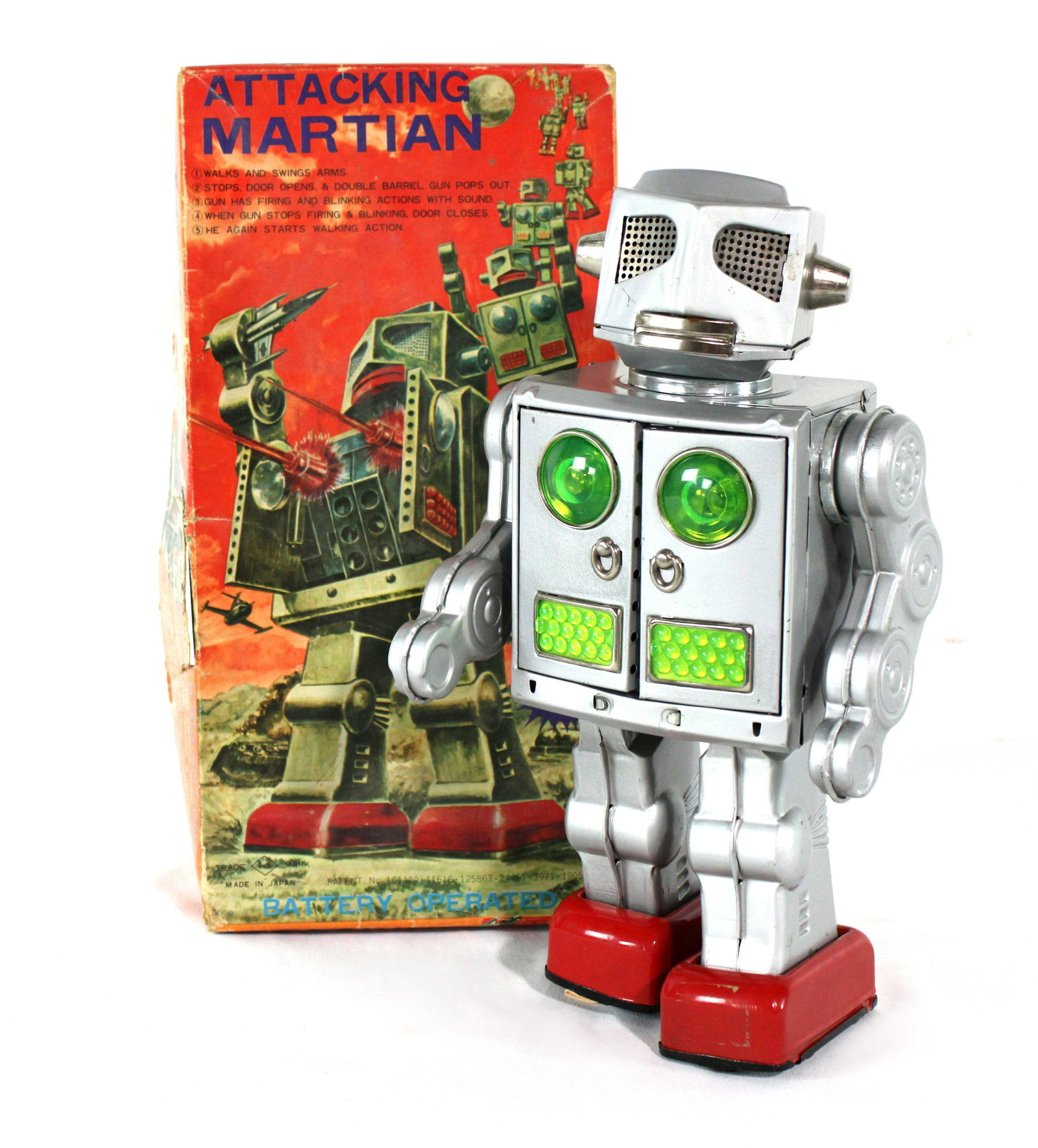 Tin Litho Attacking Martian Robot Battery Op Toy with Original Box: Tin Litho Attacking Martian Robot Battery Op Toy with Original Box. Silver version. Clean battery box. Dimensions of box: 13 x 6 x 4. *Please see terms for shipping details.