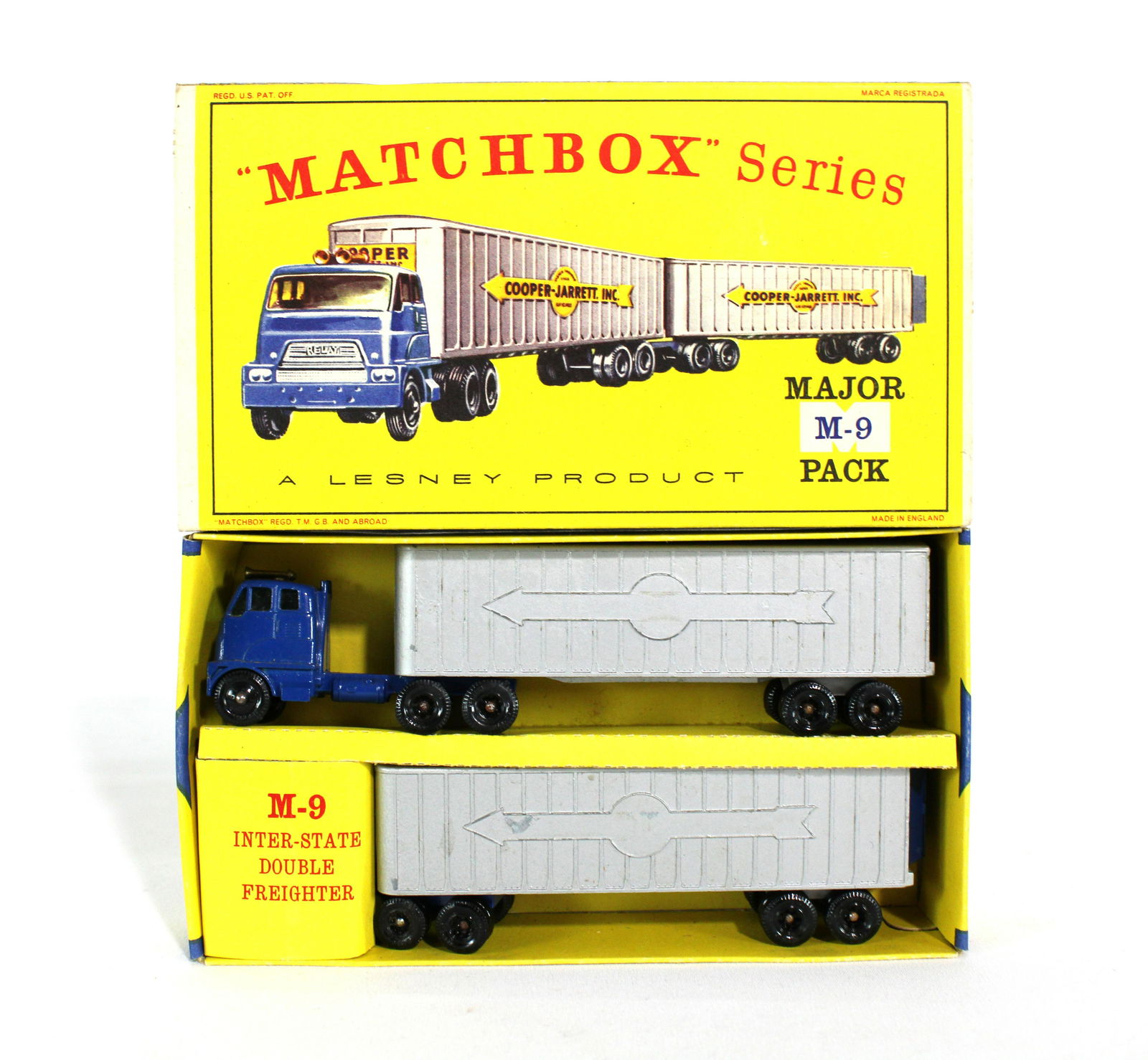 Matchbox Series M-9 Interstate Double Freighter in Box: Matchbox Series M-9 Interstate Double Freighter in Box. Dimensions of Box: 4 x 7 x 1. *Please see terms for shipping details.