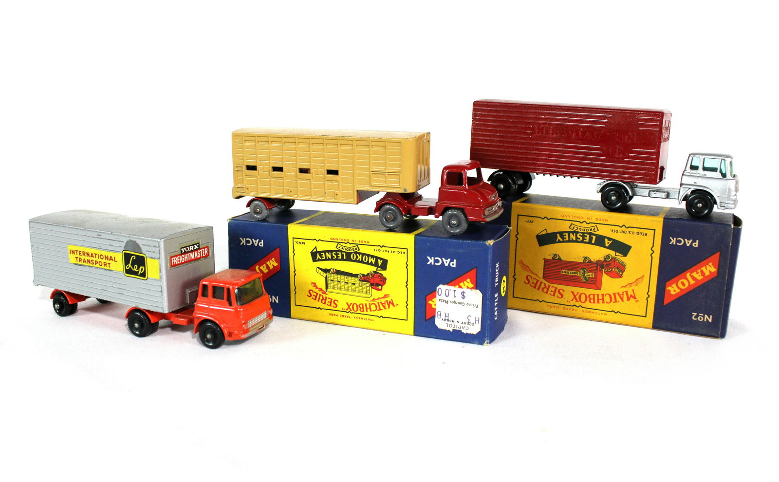Matchbox M-7 Cattle Truck and M-2 York Freightmaster Trailers: Matchbox M-7 Cattle Truck and M-2 York Freightmaster Trailers. Two in boxes. Dimensions of One: 1 x 2 x 5. *Please see terms for shipping details.